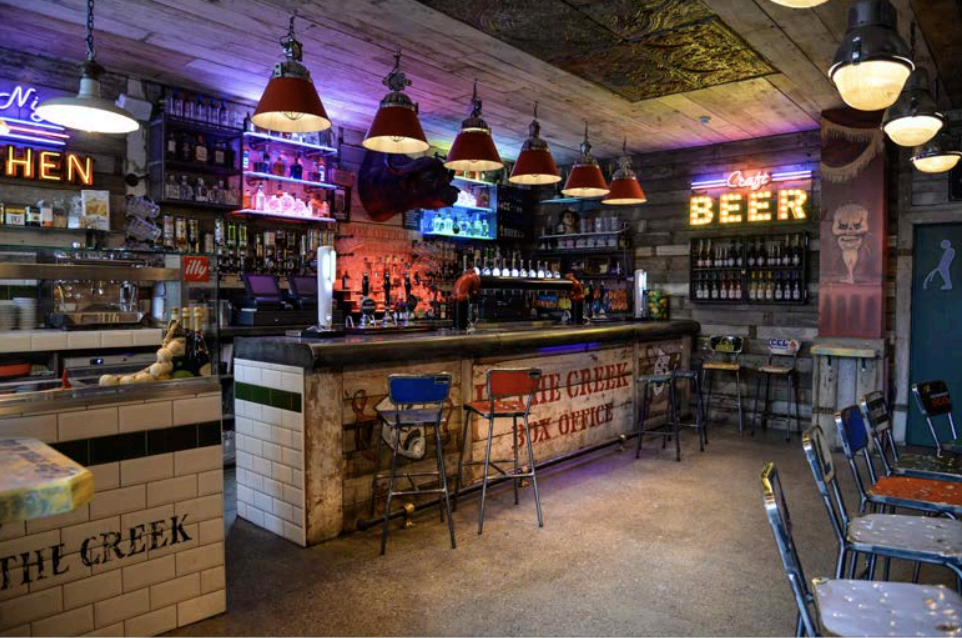 Vibrant bar with neon lights, perfect for networking events and gatherings.