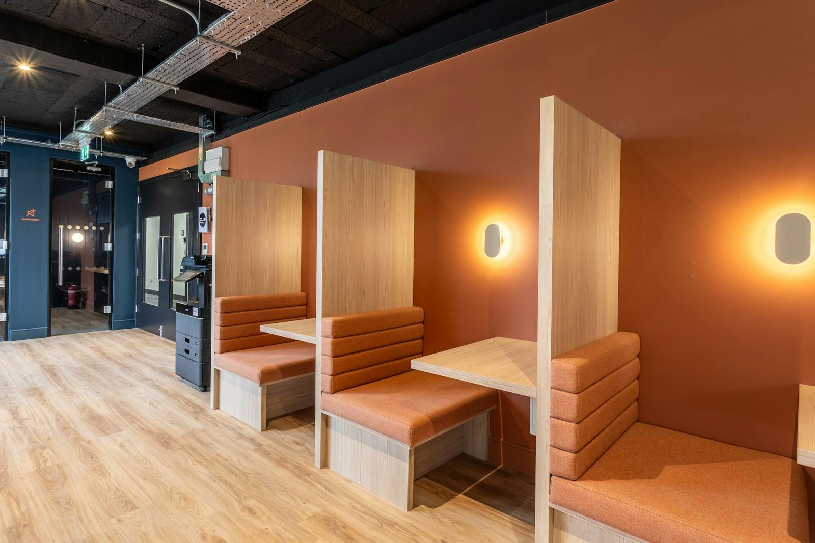 Acoustic booths in Outset meeting rooms for small-group collaboration and private event sessions.
