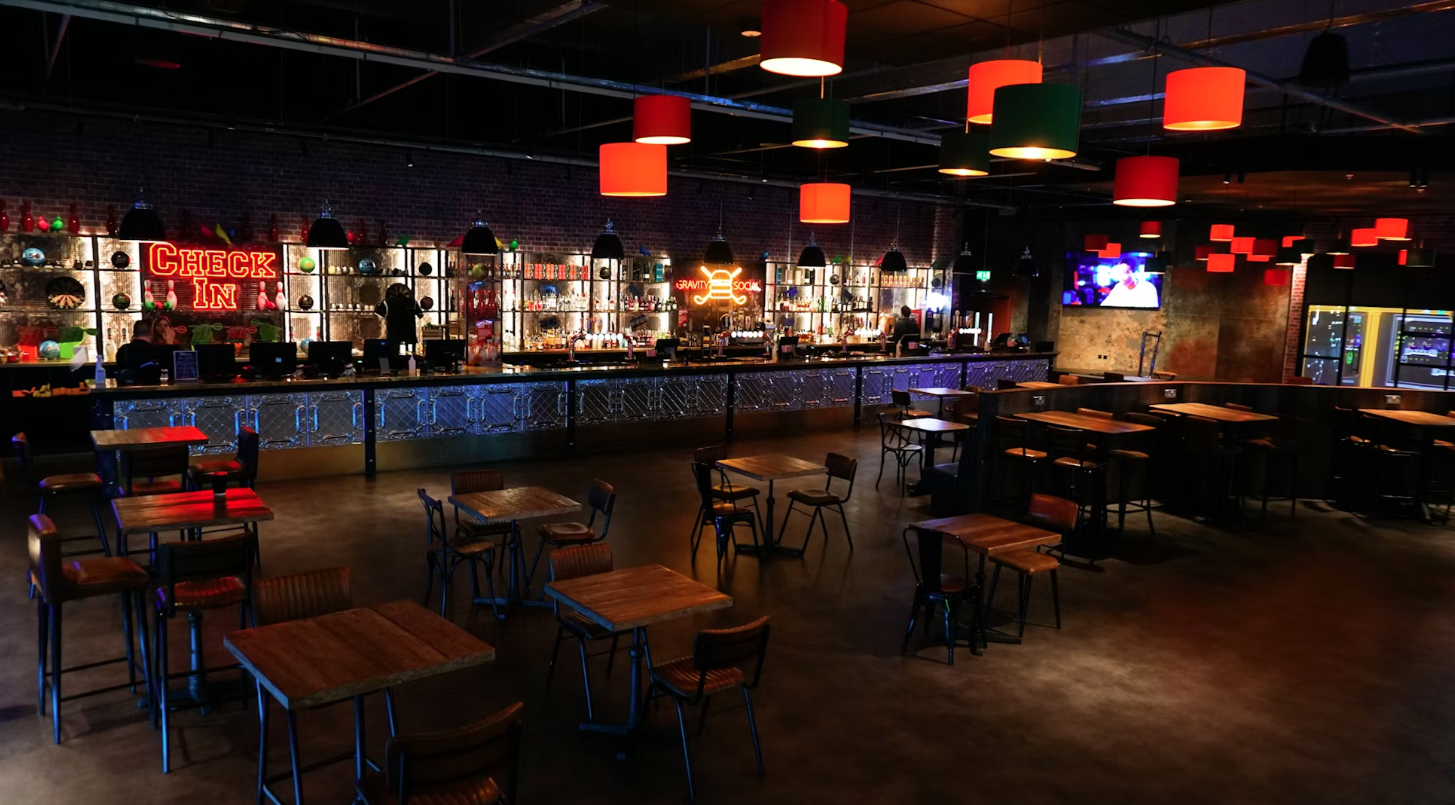 Vibrant venue with industrial decor for casual meetings and networking events.