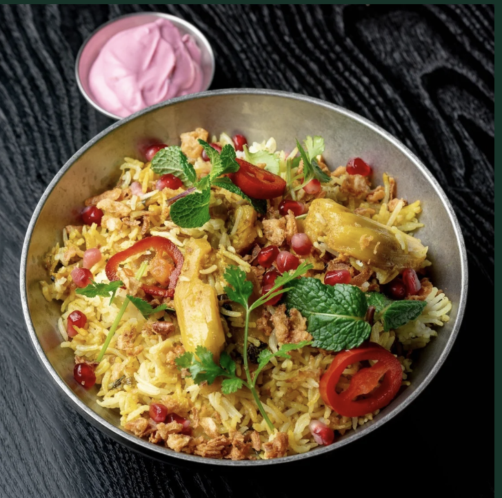 Plant-forward biryani for high-end event catering at Kerala Canteen.