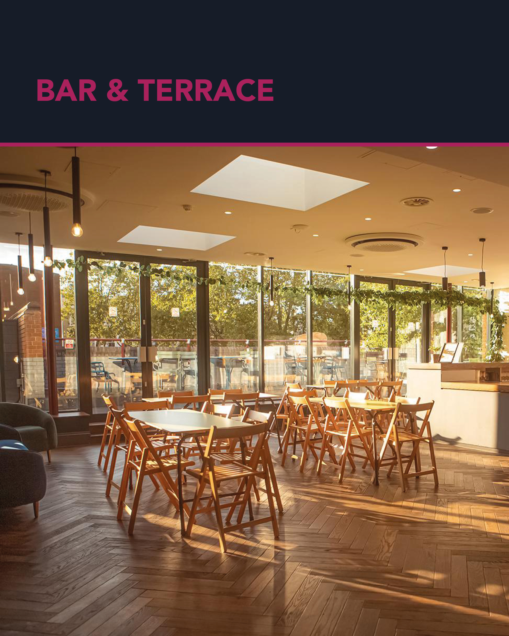 Bar and Terrace at Chelsea Theatre, bright event space with greenery for workshops and gatherings.
