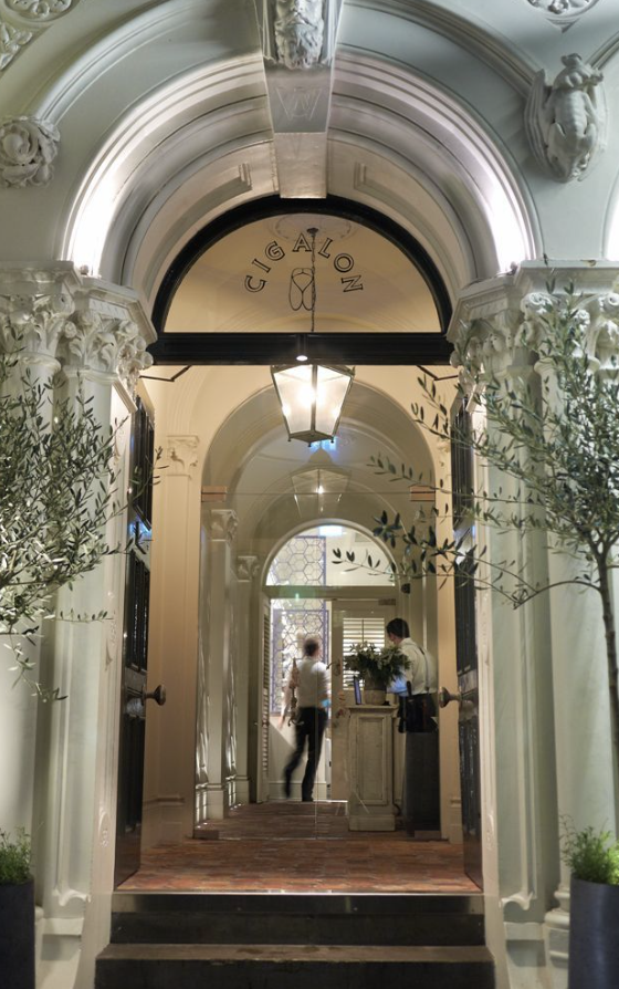 Elegant Private Dining Room entrance with olive trees for upscale events and receptions.
