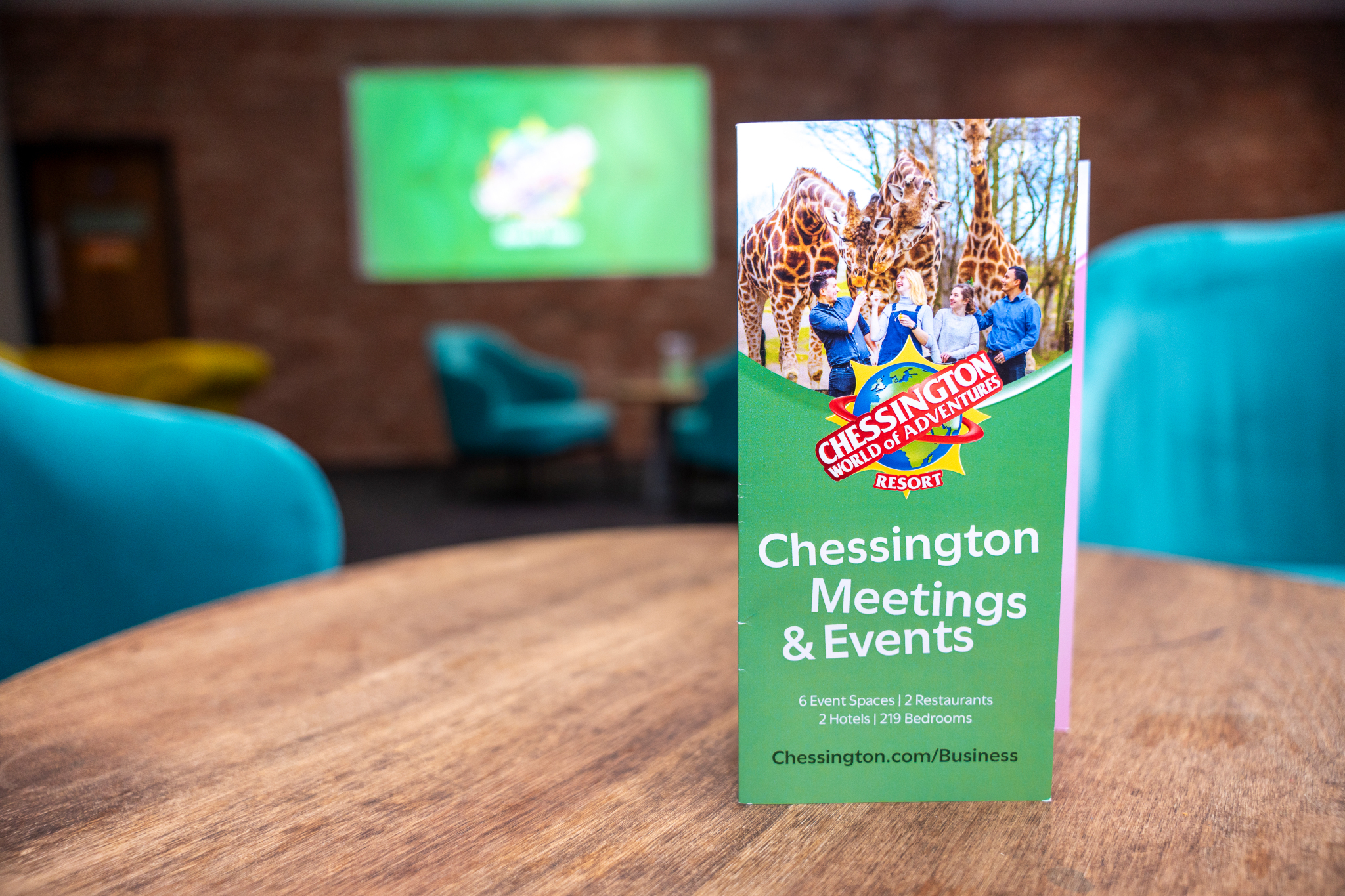 "Vibrant brochure for Chessington Meetings & Events, ideal for corporate gatherings."