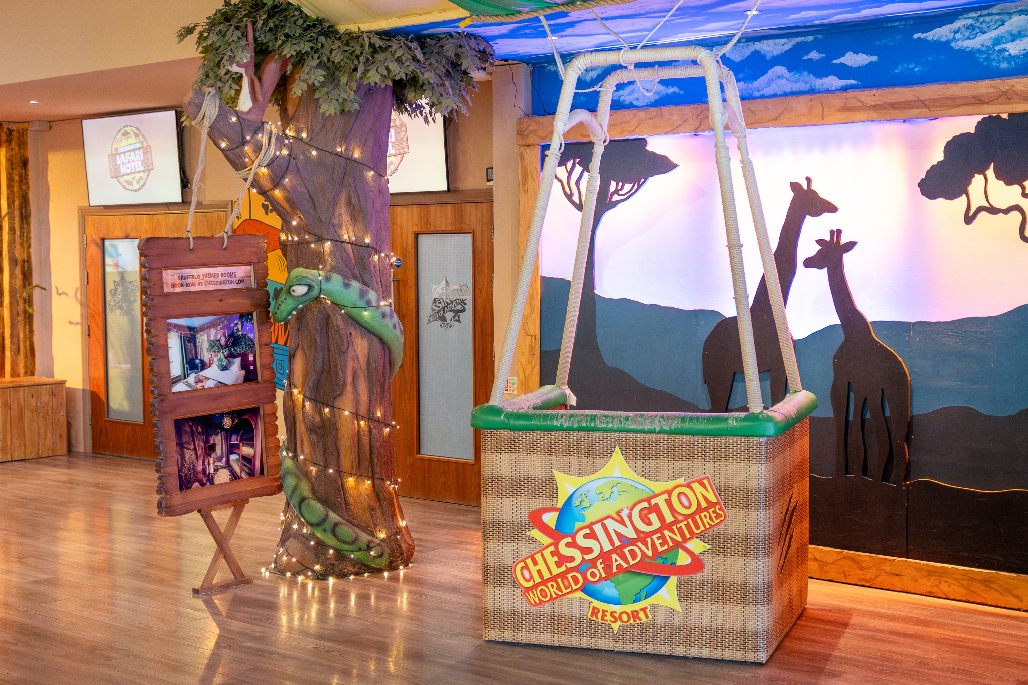 Vibrant event space with tree structure at Chessington World of Adventures Resort.