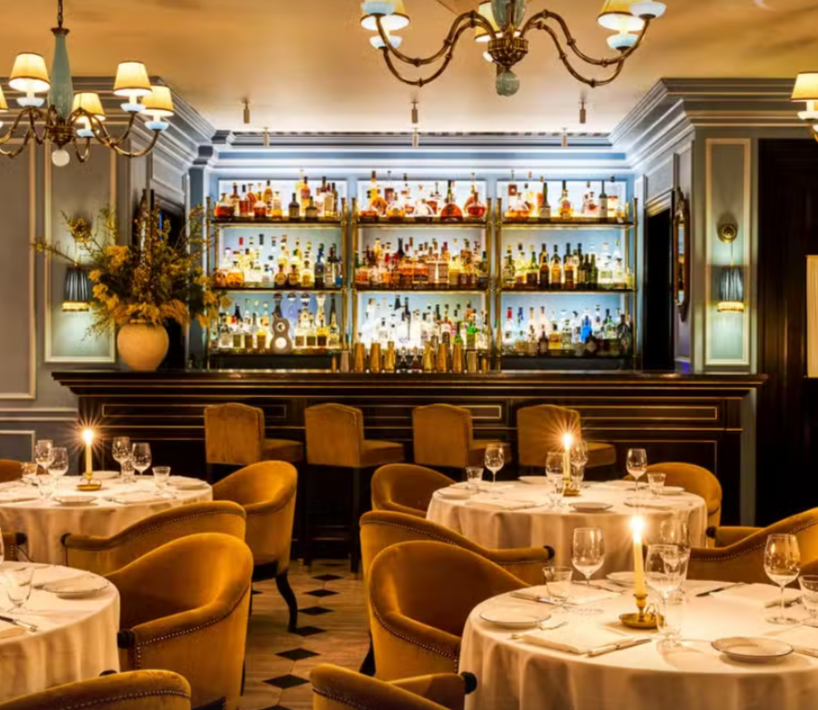 Elegant restaurant dining space with plush seating for upscale events and corporate dinners.