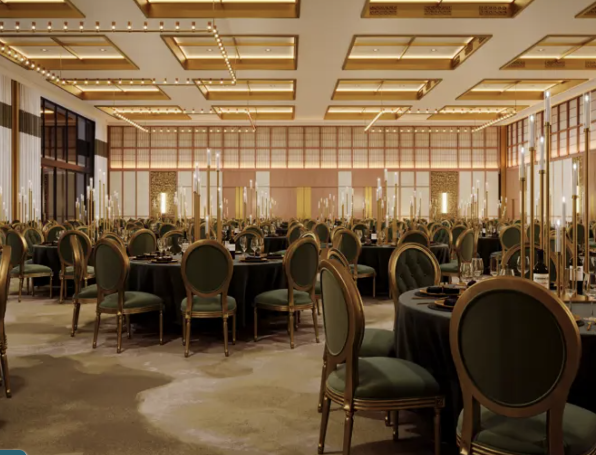 Elegant banquet hall with black linens, ideal for upscale galas and corporate events.