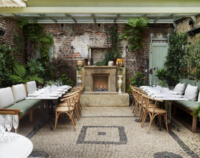 Luca private dining courtyard event fireplace