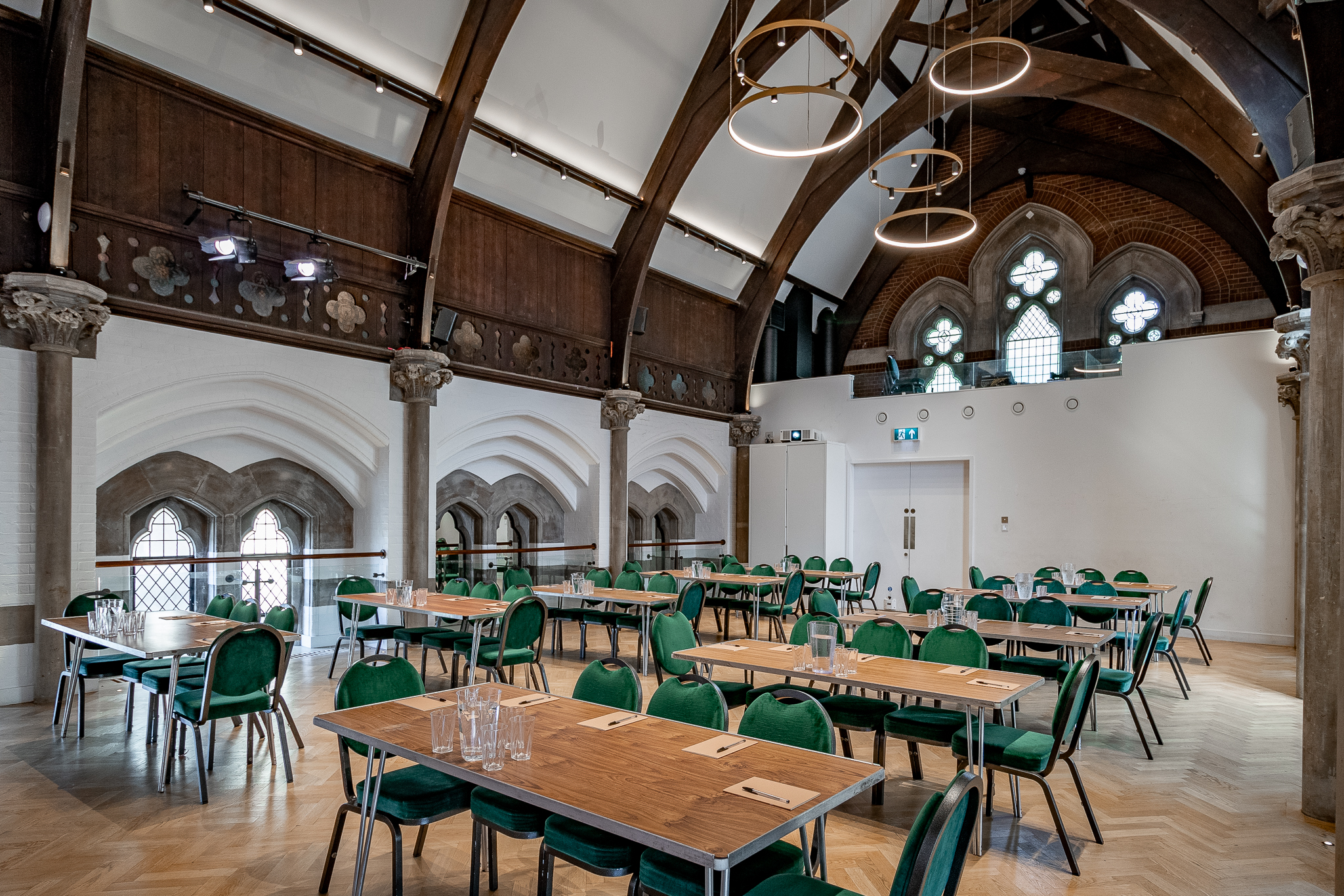 Historic Upper Hall venue with vaulted ceilings, perfect for corporate meetings and event rentals.