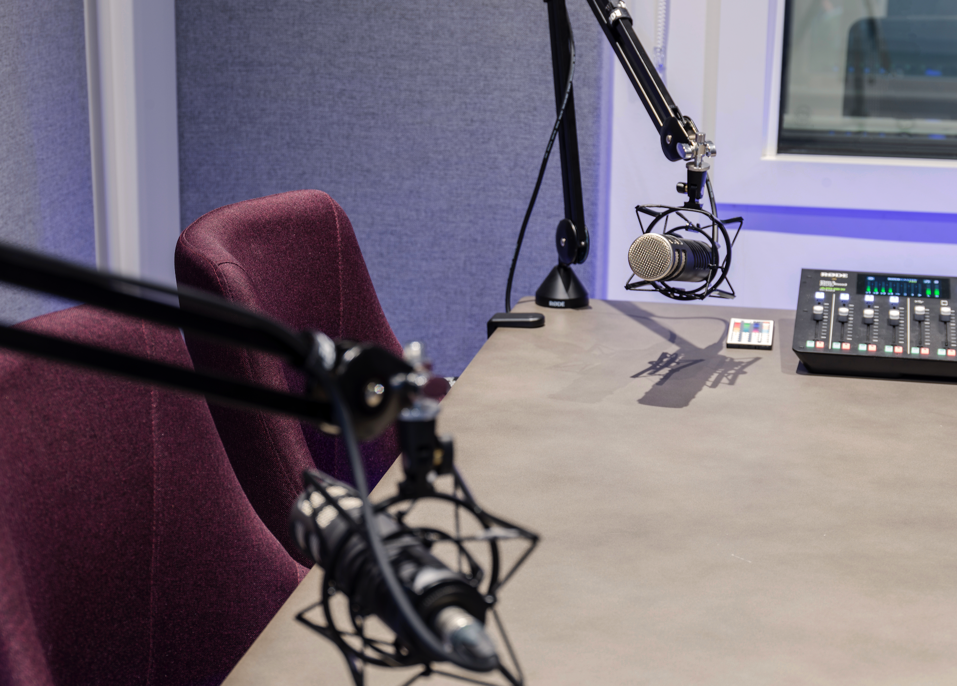 Modern recording studio in West London with dual microphones, perfect for podcasts.