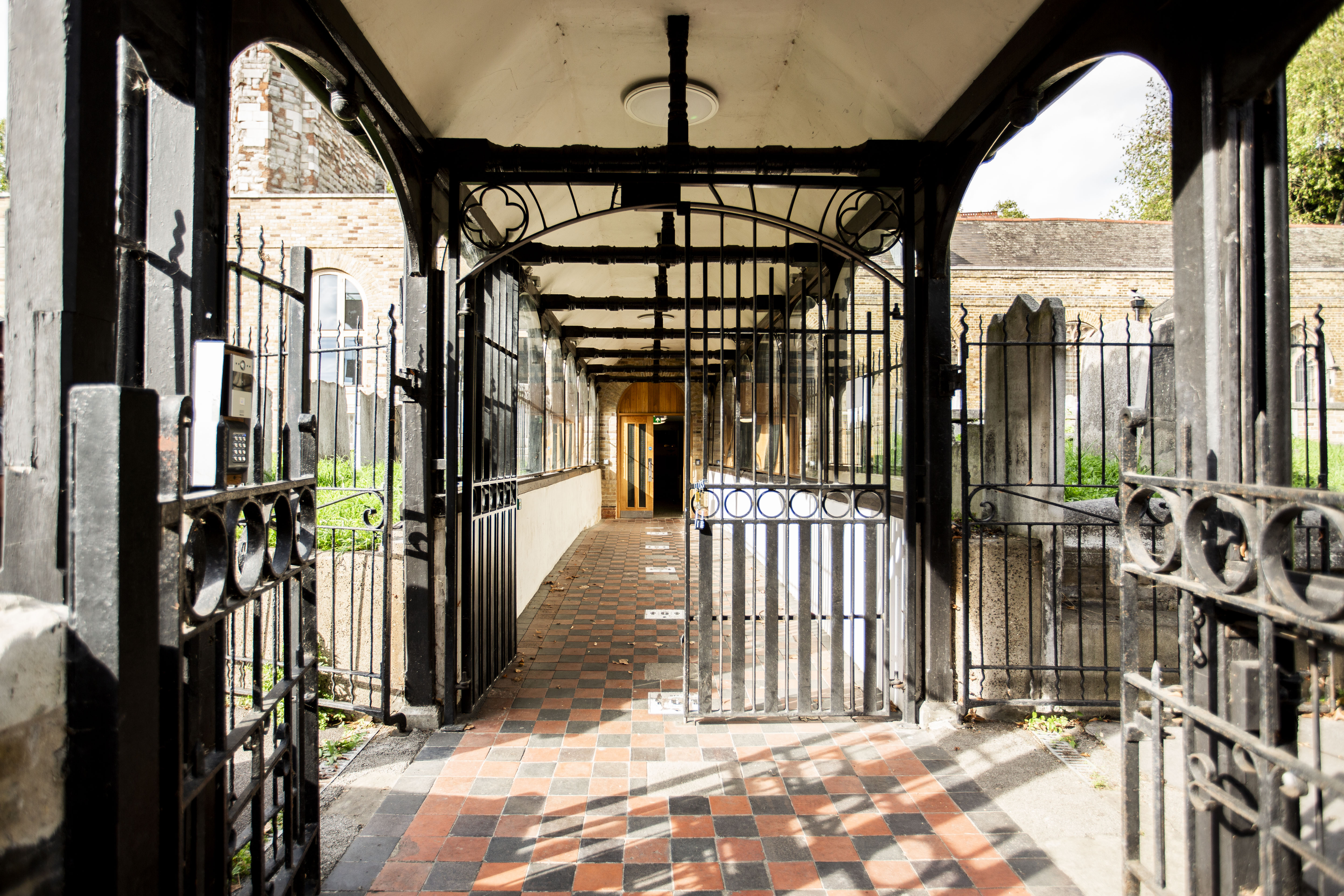 Main Church Hall, West Ham: narrow doorway for event venue and logistics planning.