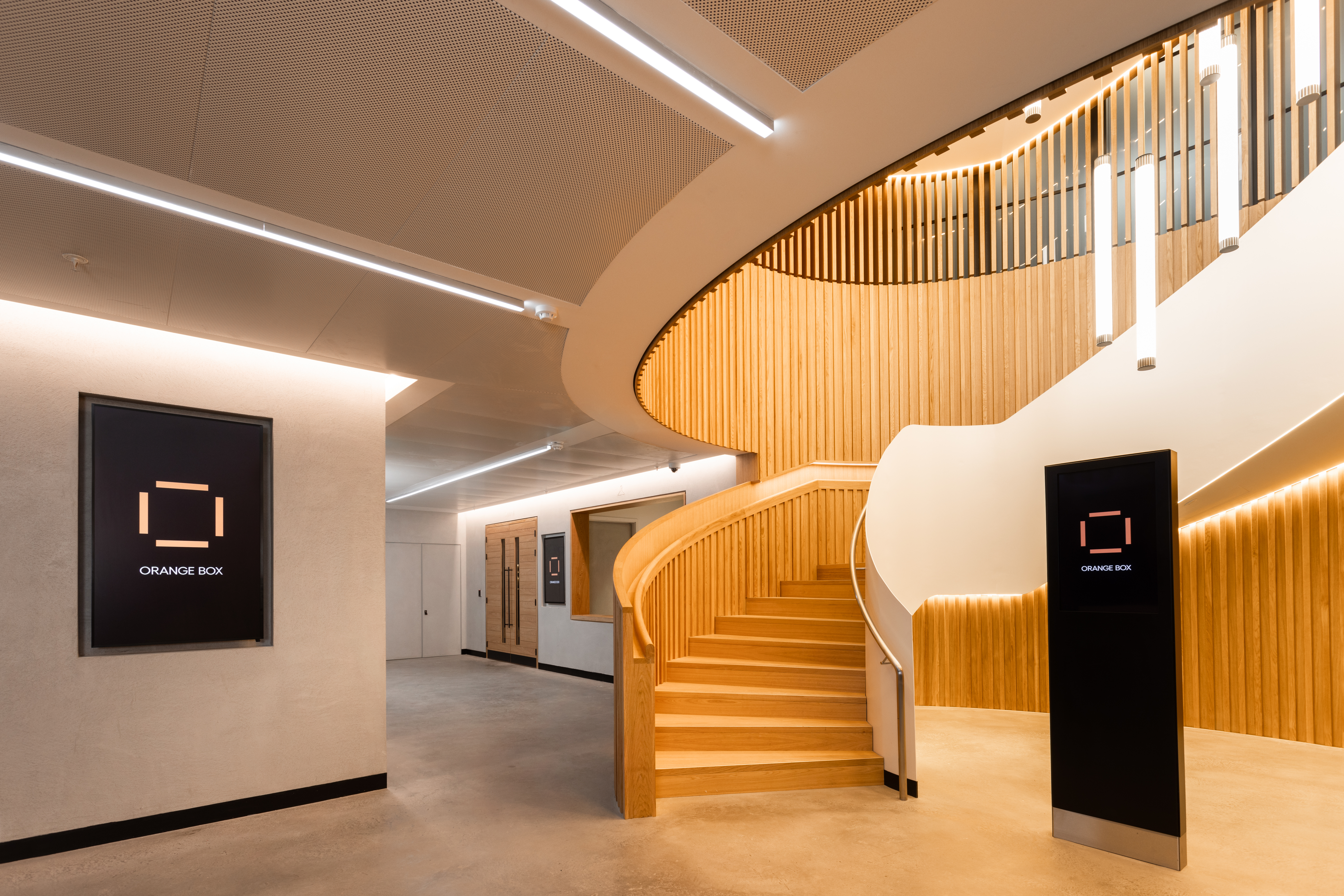 Modern staircase at Orange Box, Fulham Pier, ideal for meetings and conferences.