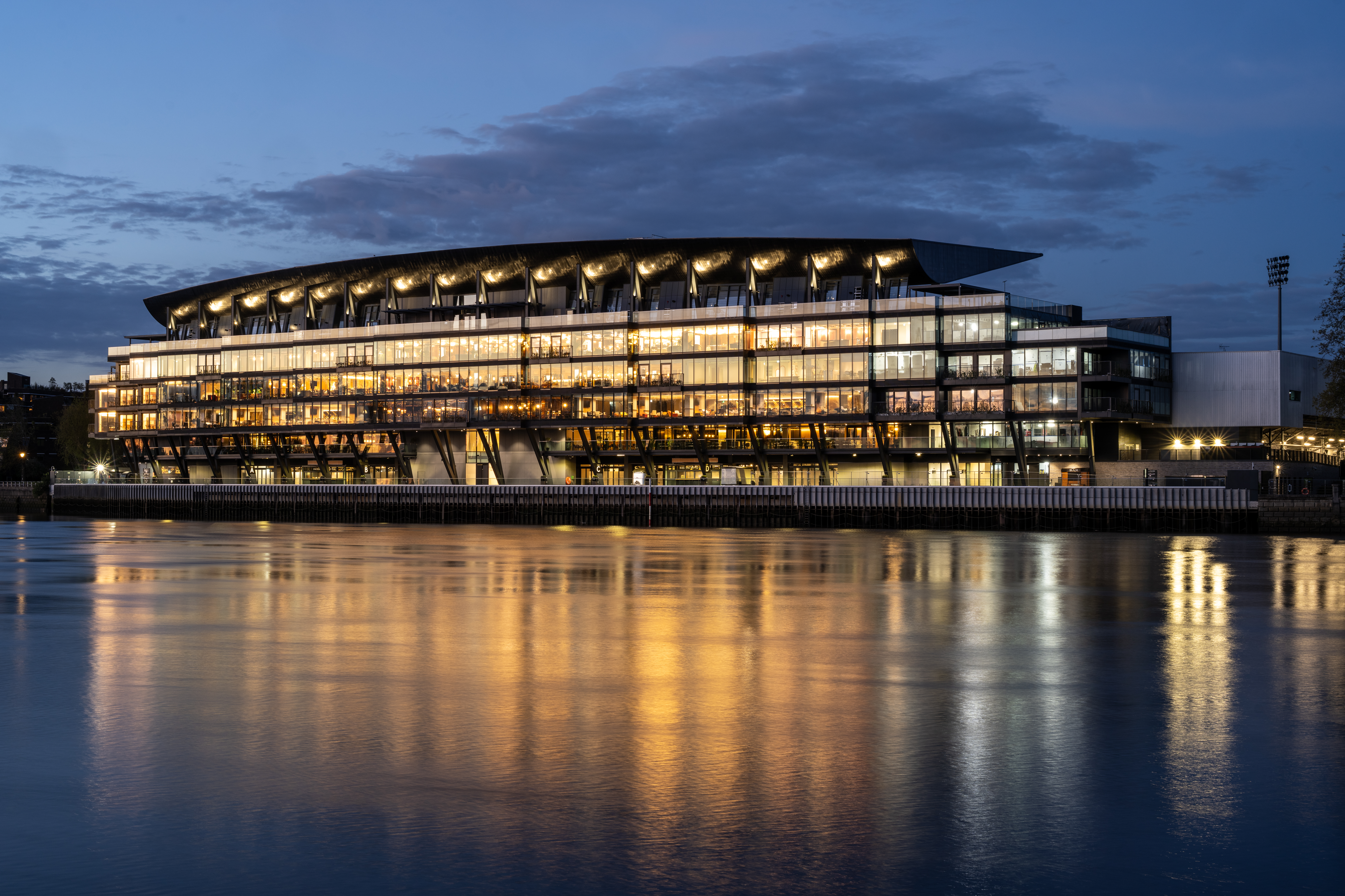 Modern Orange Box venue at Fulham Pier, ideal for conferences and social events.