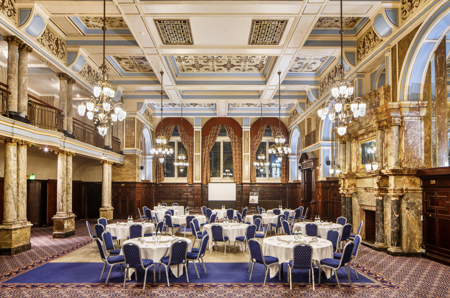 Alexandra Room ballroom with chandeliers for upscale galas and corporate dinners.