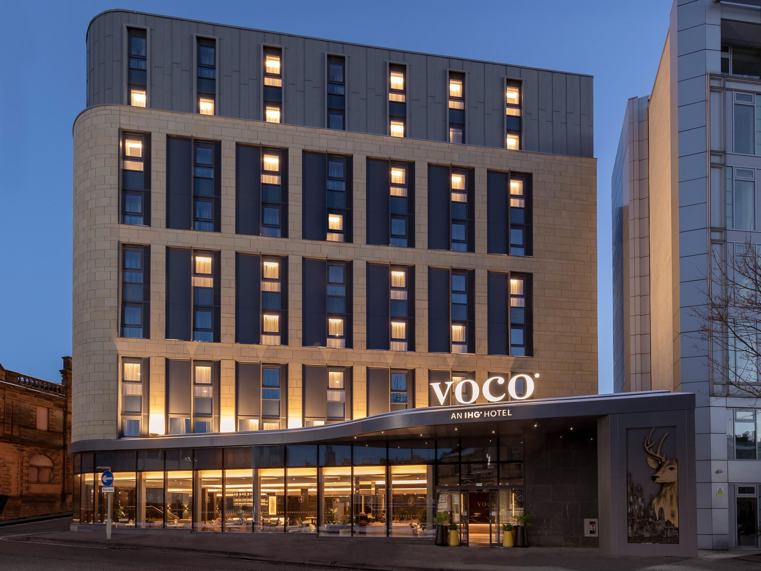 Modern hotel exterior in Haymarket, Edinburgh for corporate events and business meetings.