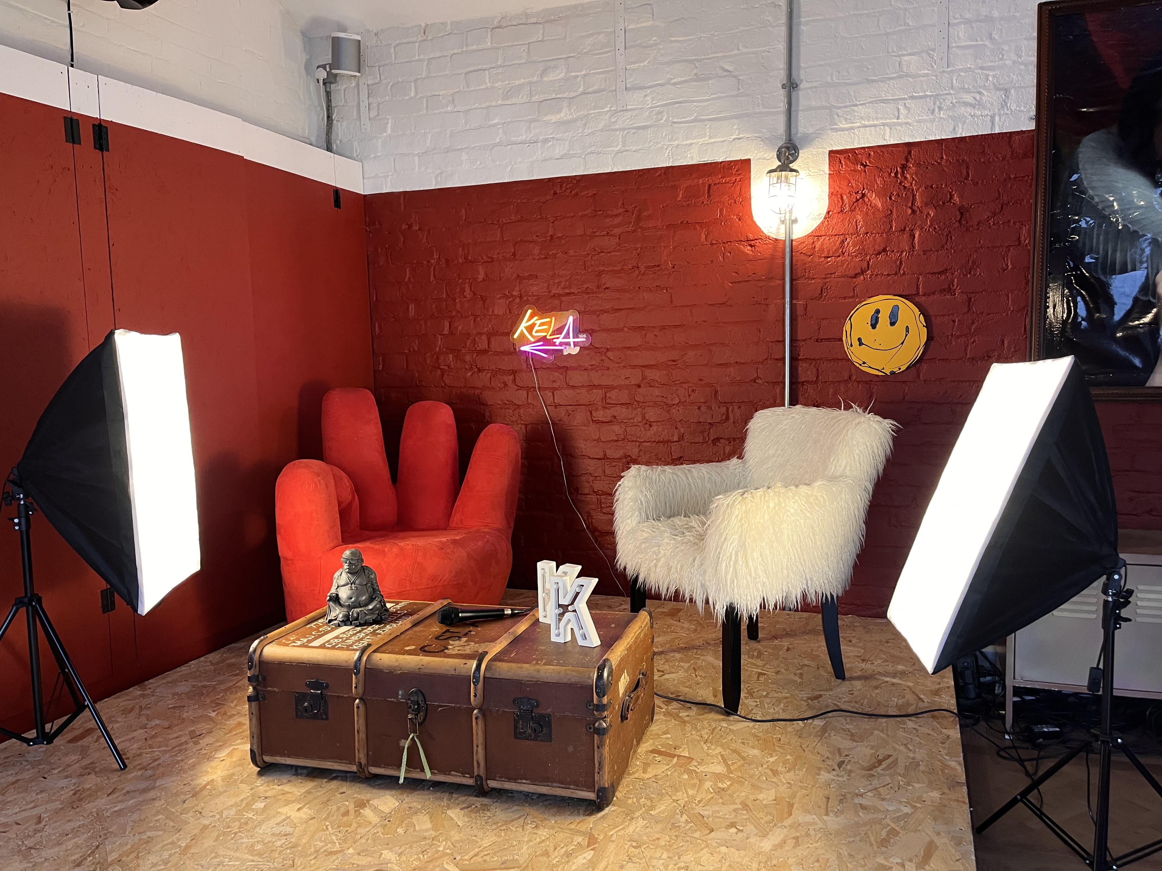 Main Event Room podcast set with professional lighting for interviews and fireside chats.