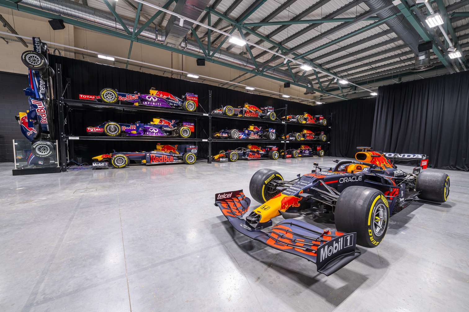 Sleek Formula 1 car at Red Bull Racing warehouse for corporate events and launches