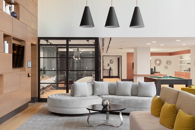 Alexander Community Clubroom: Hybrid boardroom and networking lounge for corporate events.