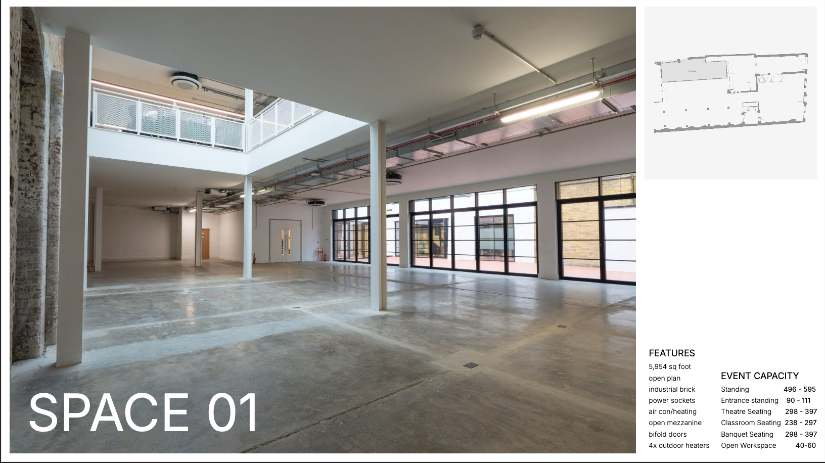 Industrial-chic venue in London with floor-to-ceiling windows for corporate events and exhibitions.