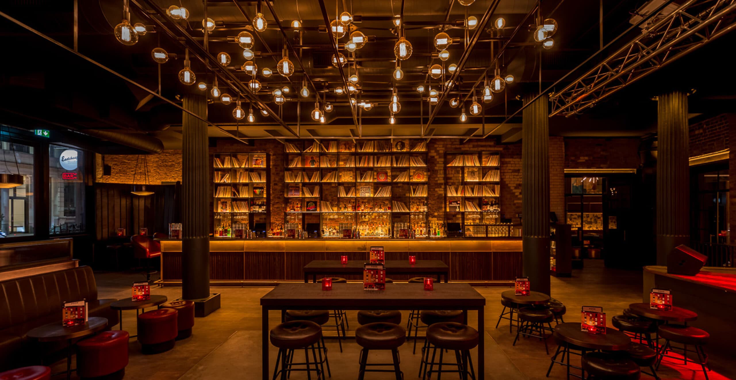 Stylish bar at Eastcheap Records, perfect for networking events and social gatherings.