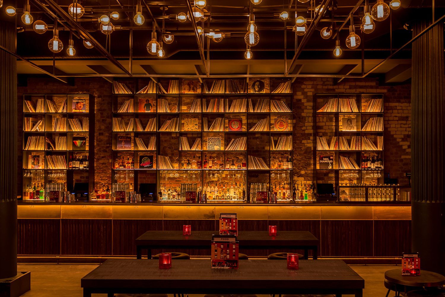 Stylish bar at Eastcheap Records with vinyl records for networking events and gatherings.