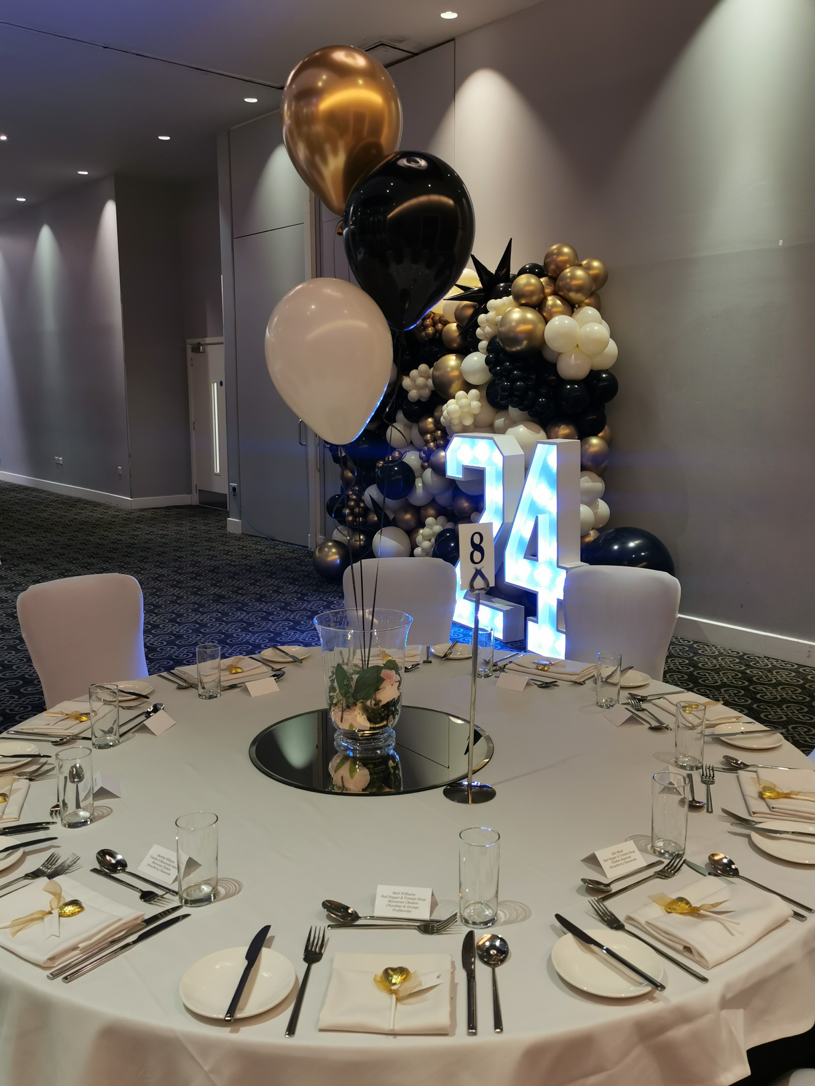 Elegant Azzurro Ballroom setup with floral centerpieces for corporate events in Cardiff.
