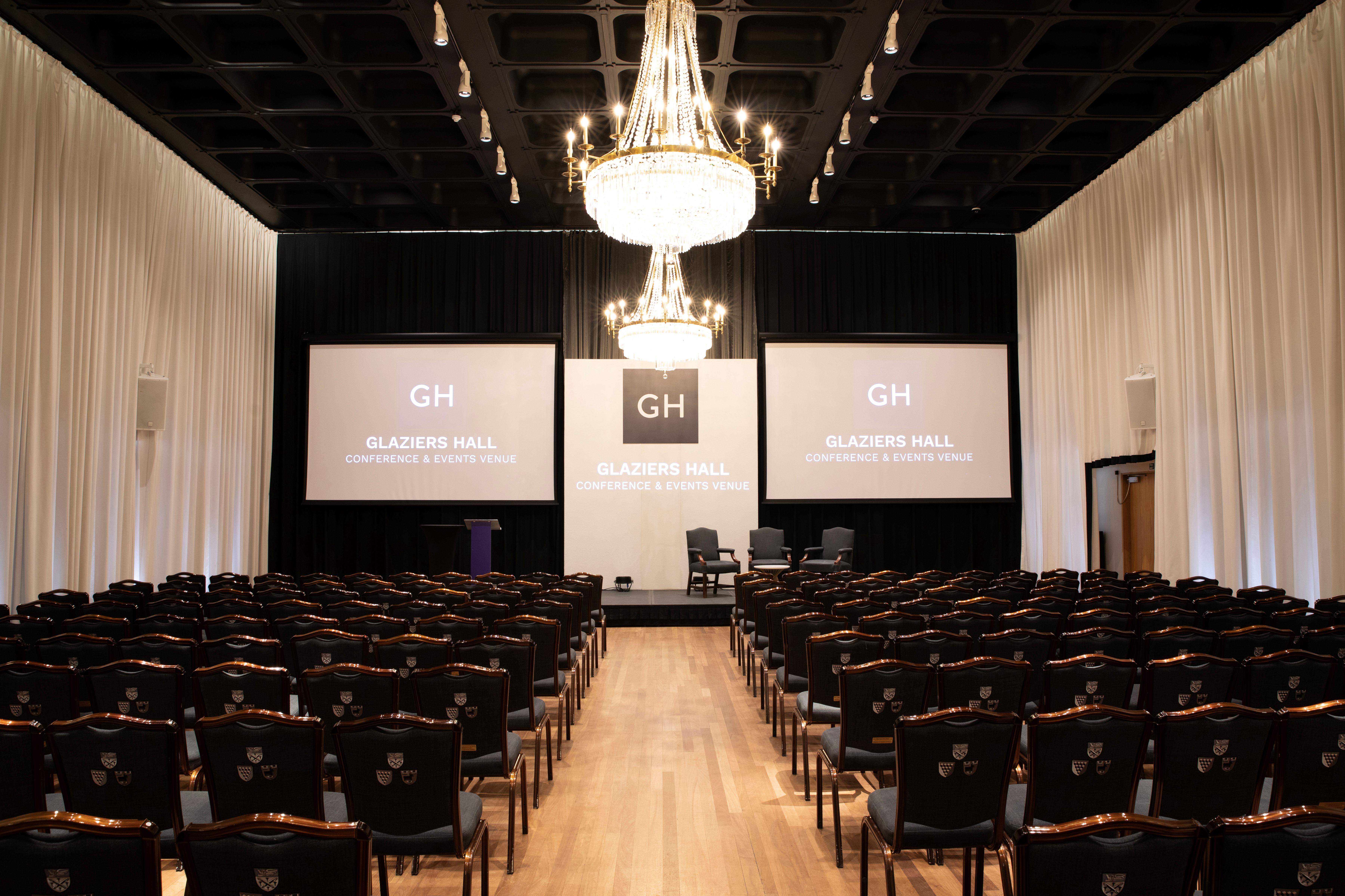 Elegant Banqueting Hall at Glaziers Hall, perfect for corporate conferences and presentations.