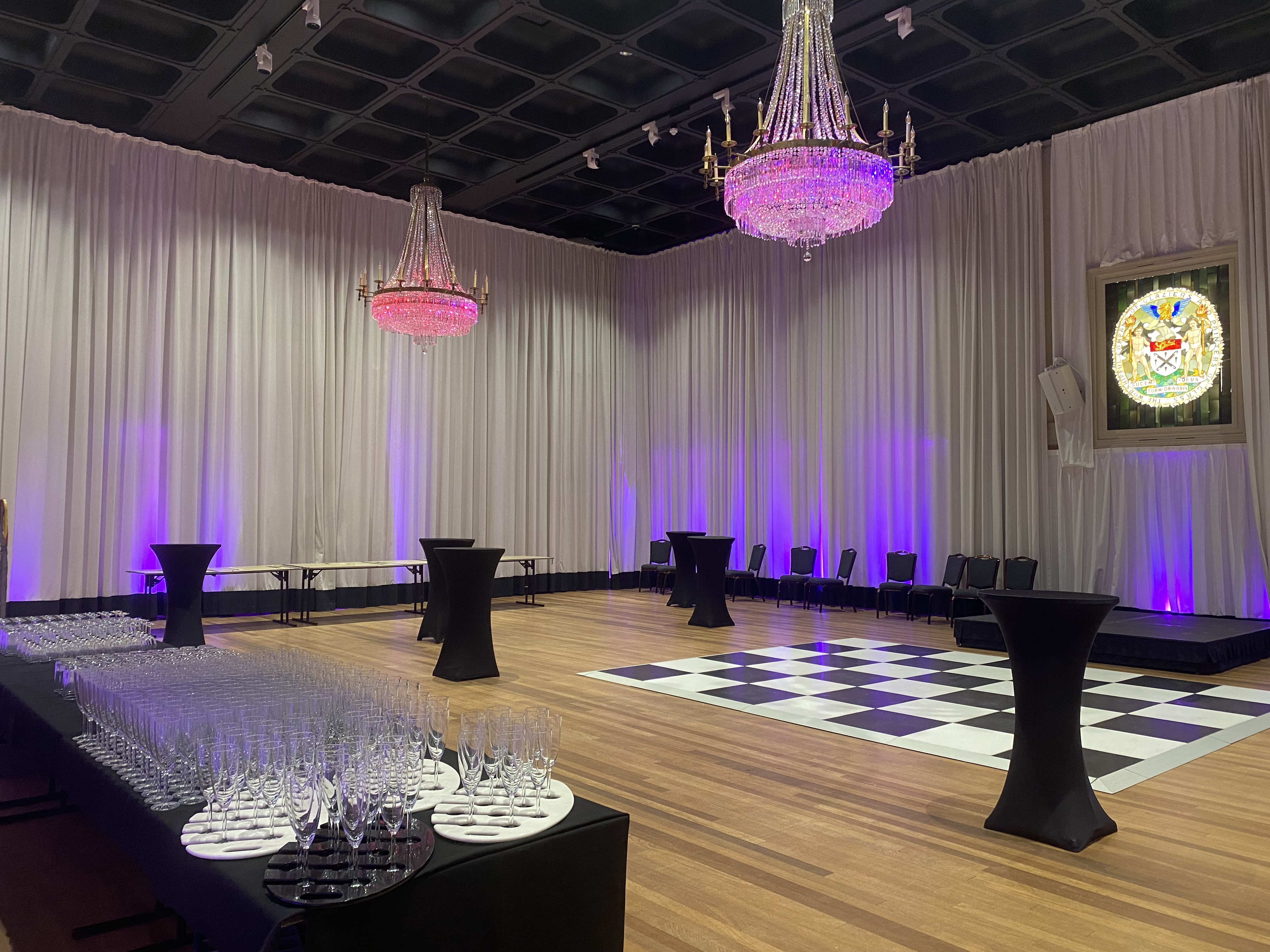 Banqueting Hall in Glaziers Hall, featuring luxurious chandeliers for upscale events.