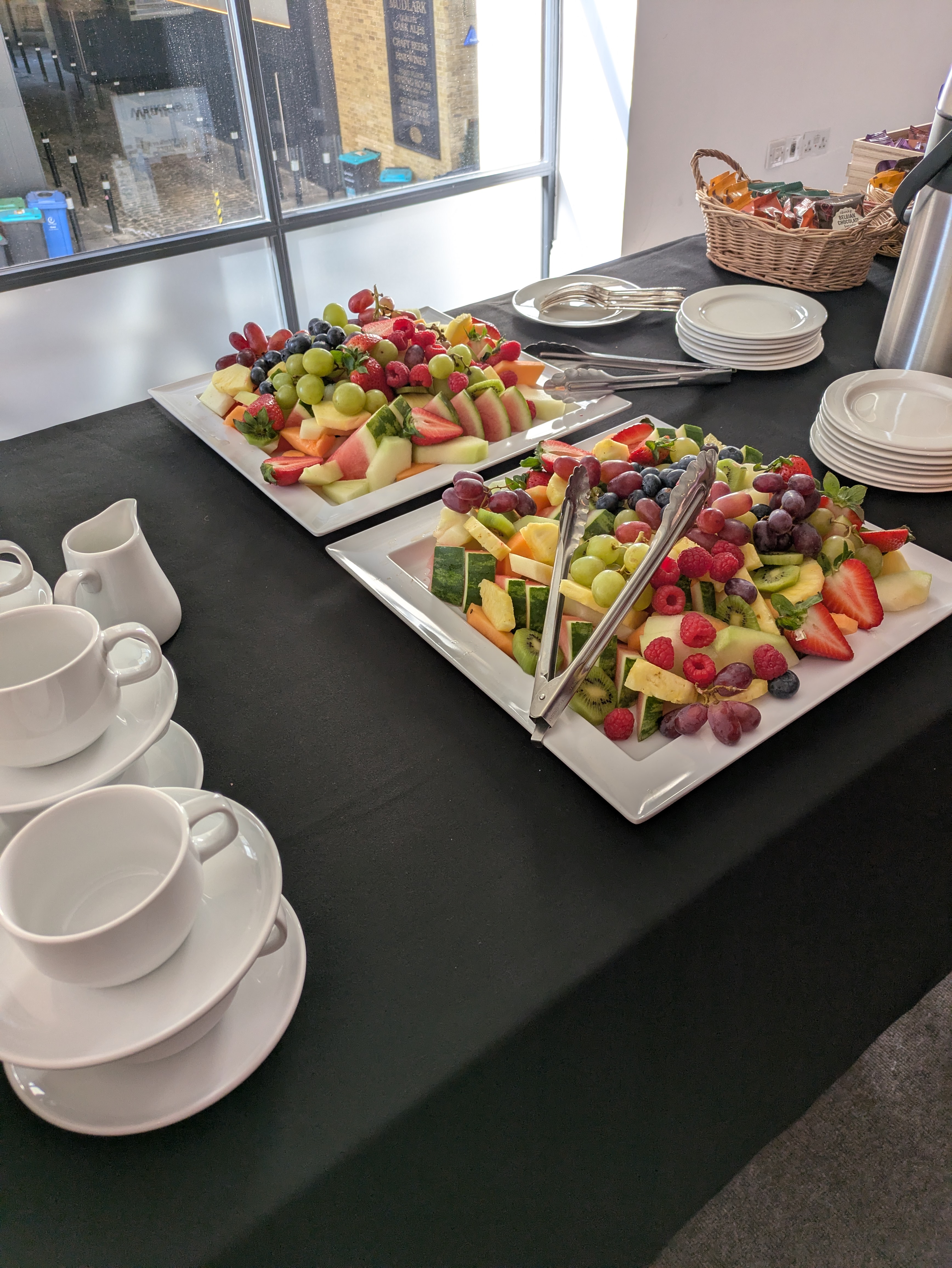 Vibrant fresh fruit platters for energizing event breaks at Glaziers Hall.