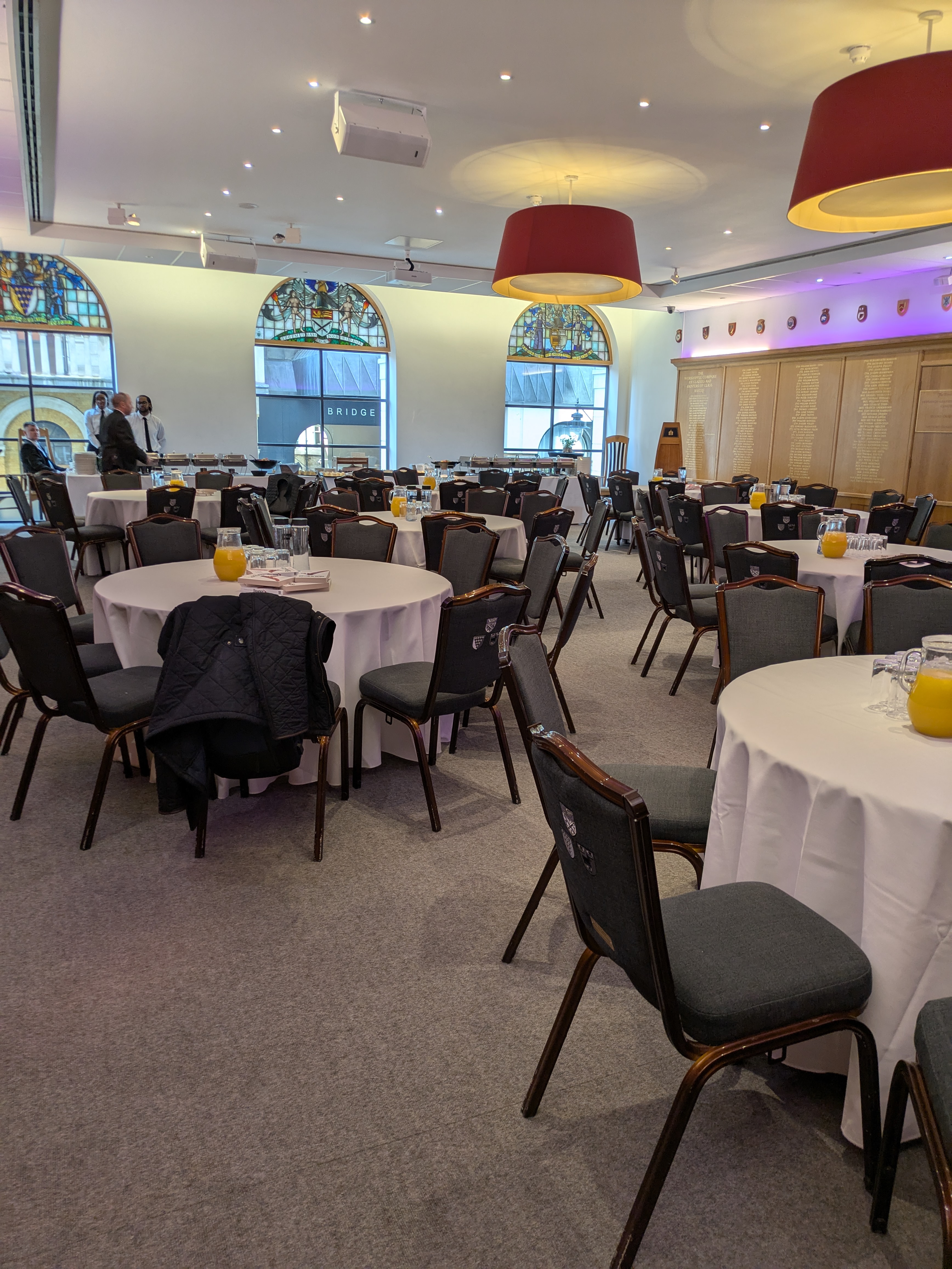 Banquet setup at Glaziers Hall, ideal for receptions and conferences.
