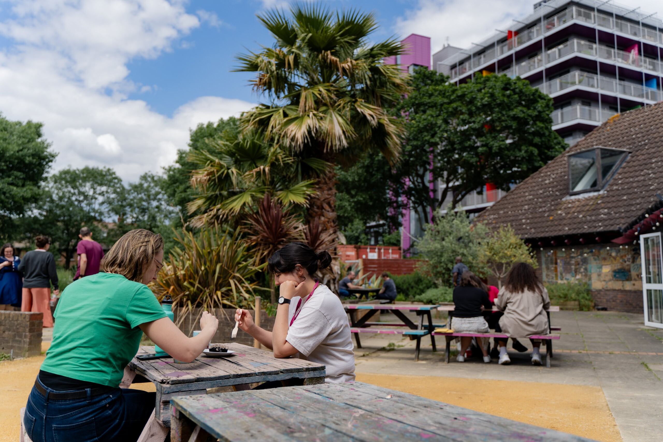 Vibrant outdoor rehearsal room at The Albany for casual networking and brainstorming events.