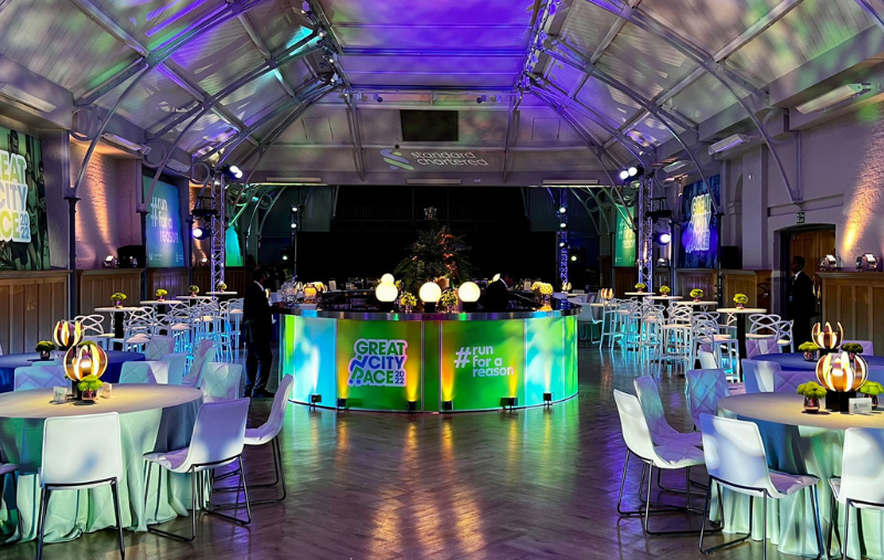 Prince Consort Rooms event space with elegant blue tables for sophisticated gatherings.