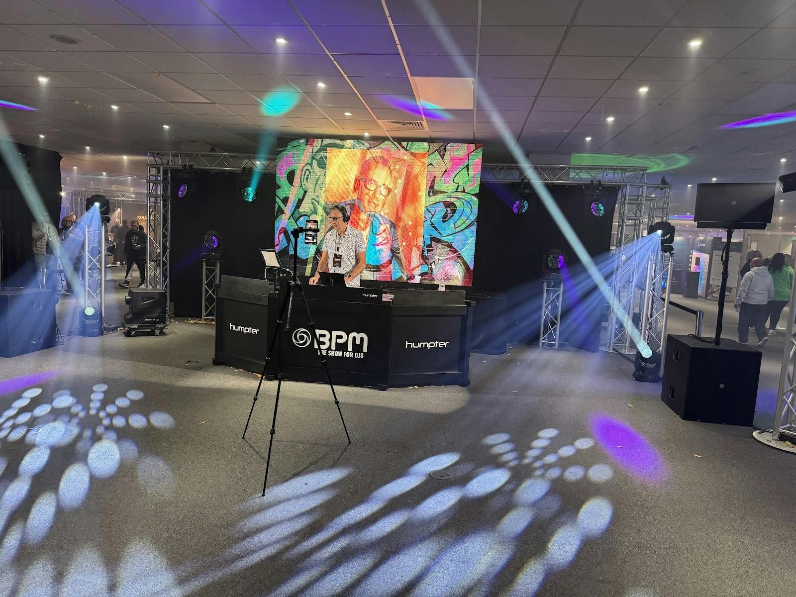 Cranmore Park AV setup: branded DJ booth and dynamic lighting for corporate events and receptions.