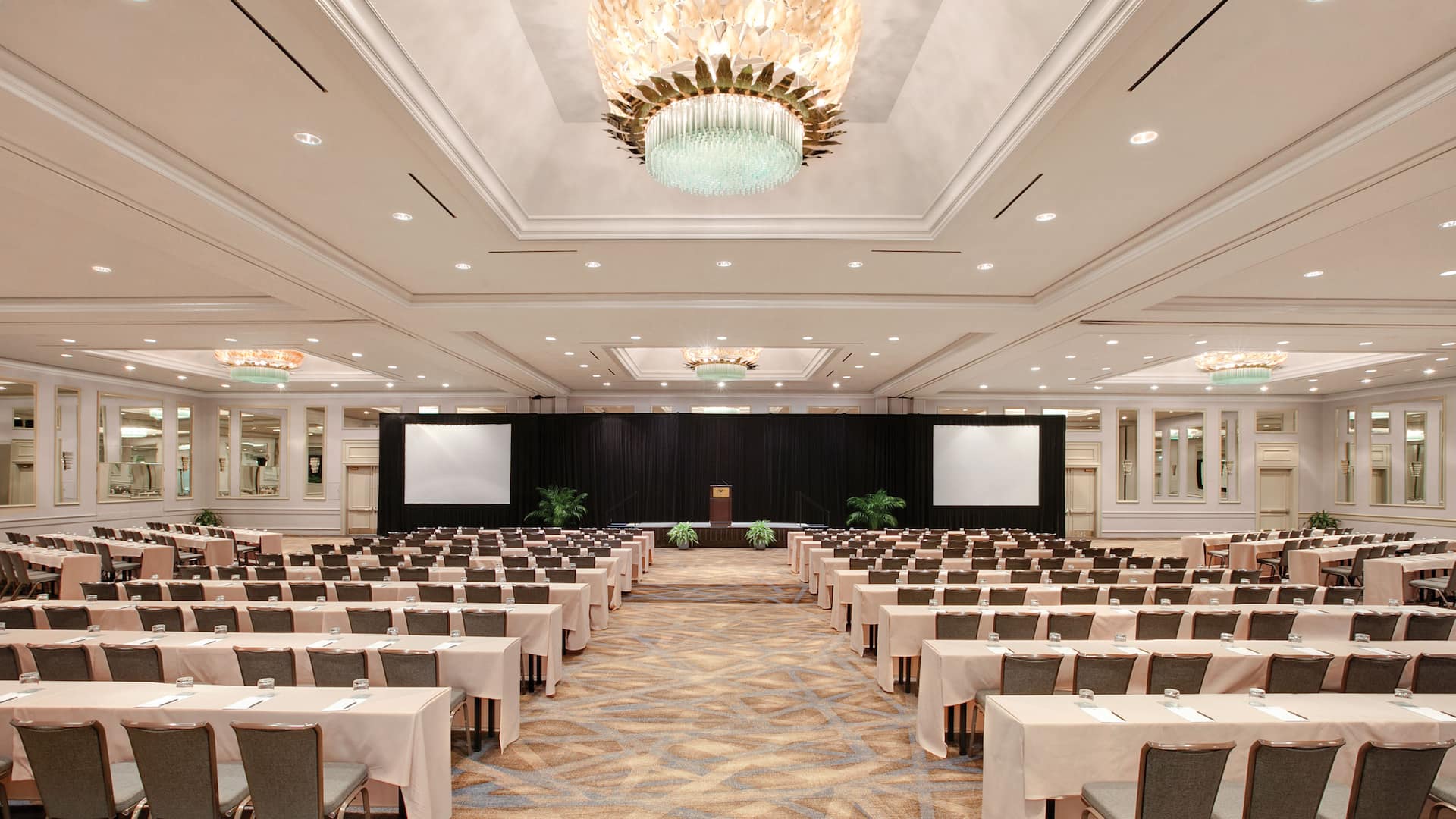 Birmingham Convention Center ballroom with stage, classroom setup for corporate conferences.