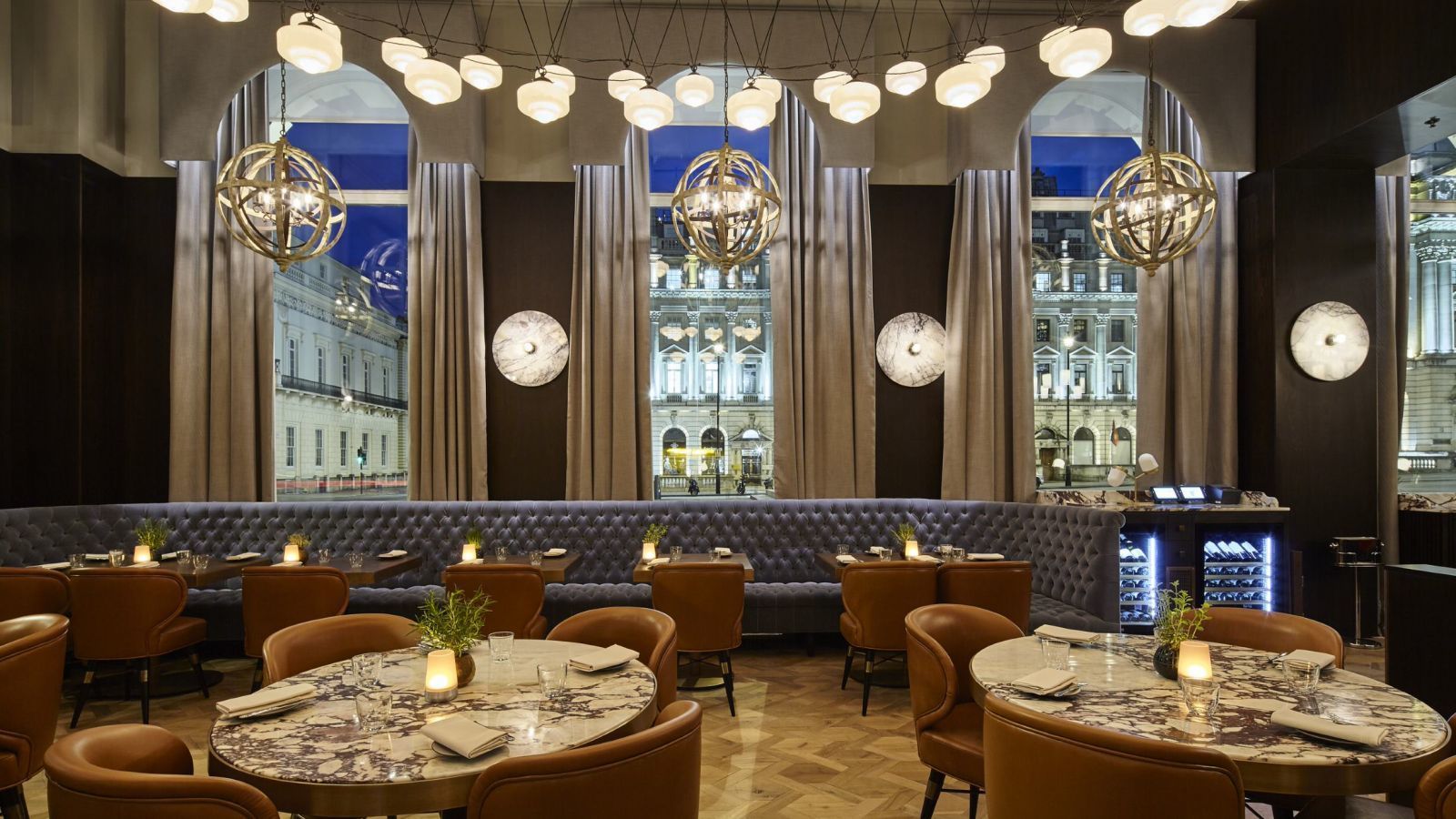 Elegant restaurant space in Sofitel London, ideal for upscale events and intimate dinners.