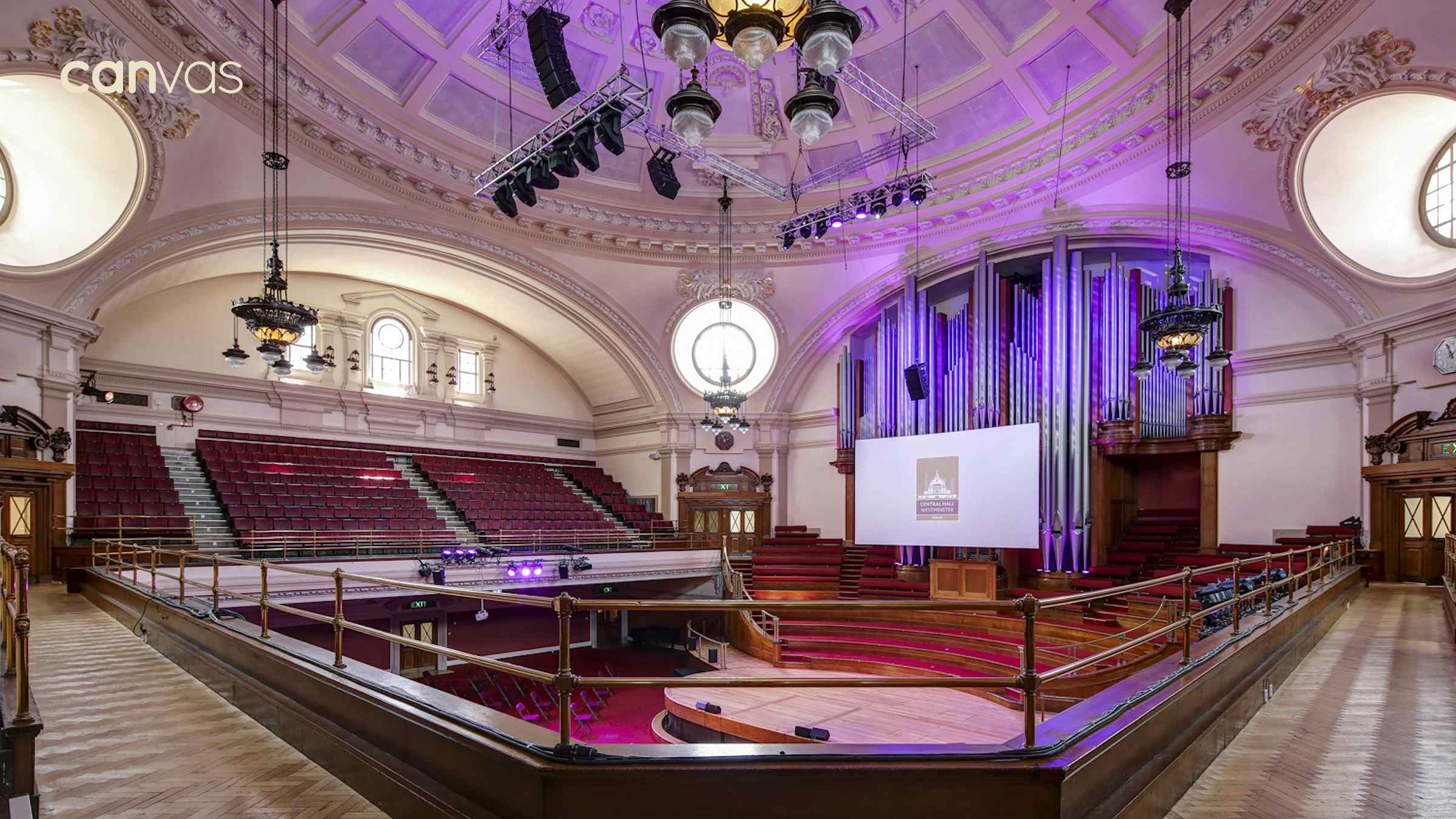 Elegant tiered seating auditorium in Central Hall Westminster for conferences and performances.