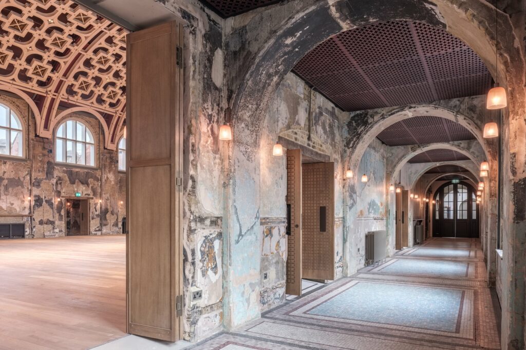 Battersea Arts Centre studio with arched hallways, perfect for events and gatherings.