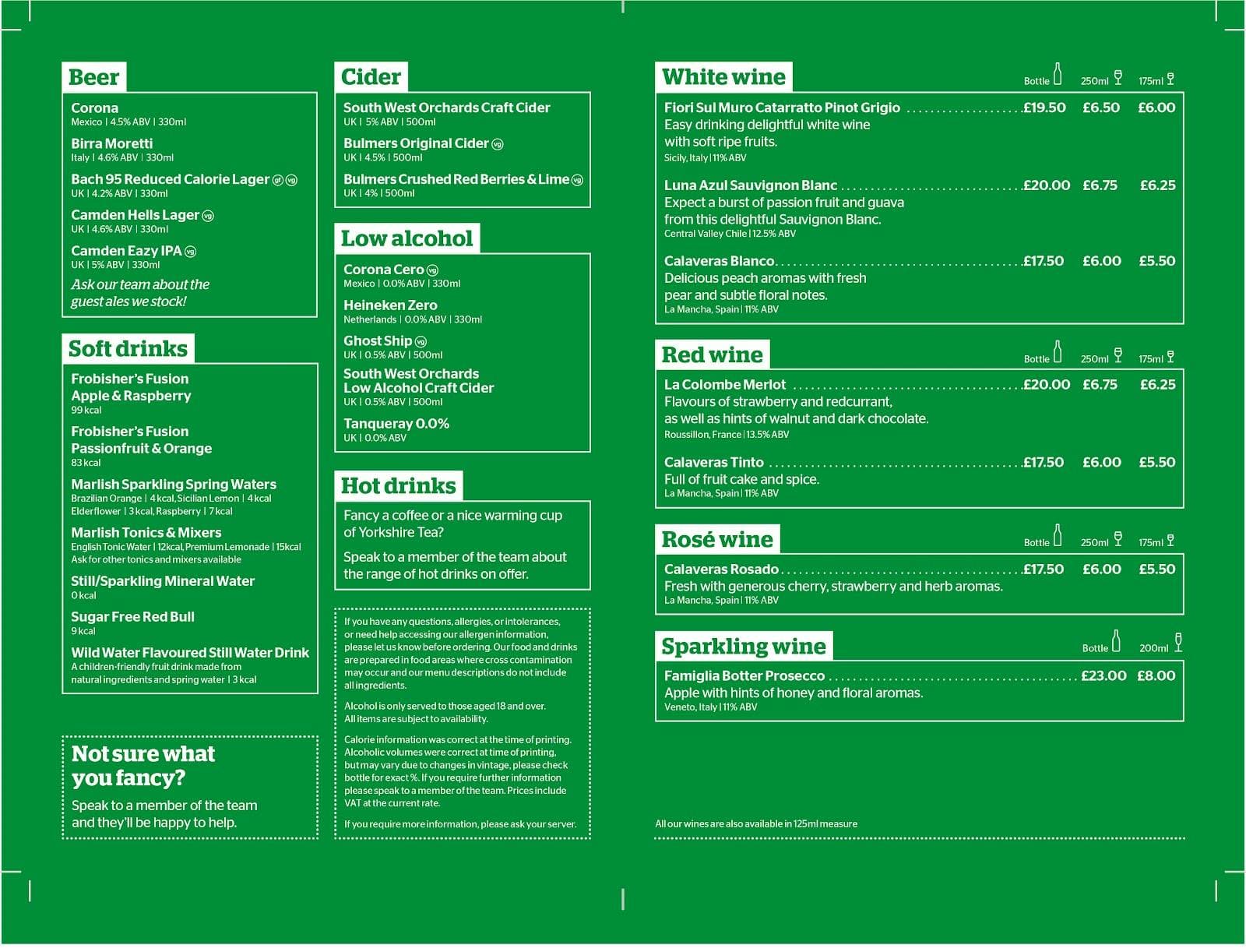 YHA York meeting room beverage menu for corporate events and private parties.