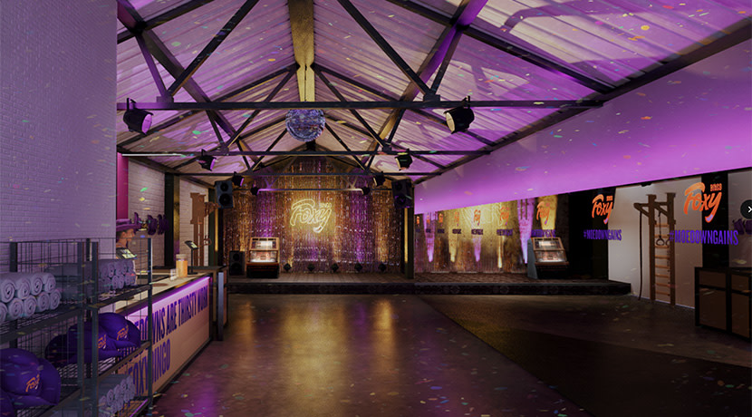 Industrial-chic event venue with purple lighting for parties and corporate receptions.