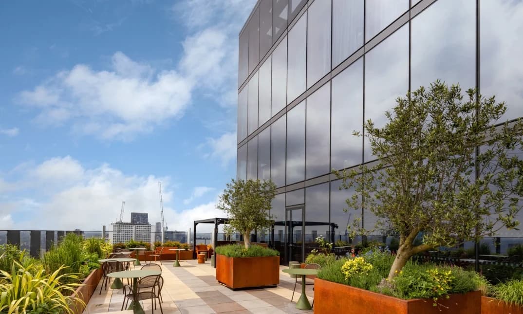 Contemporary rooftop terrace venue at Eighteen for corporate mixers and cocktail receptions.