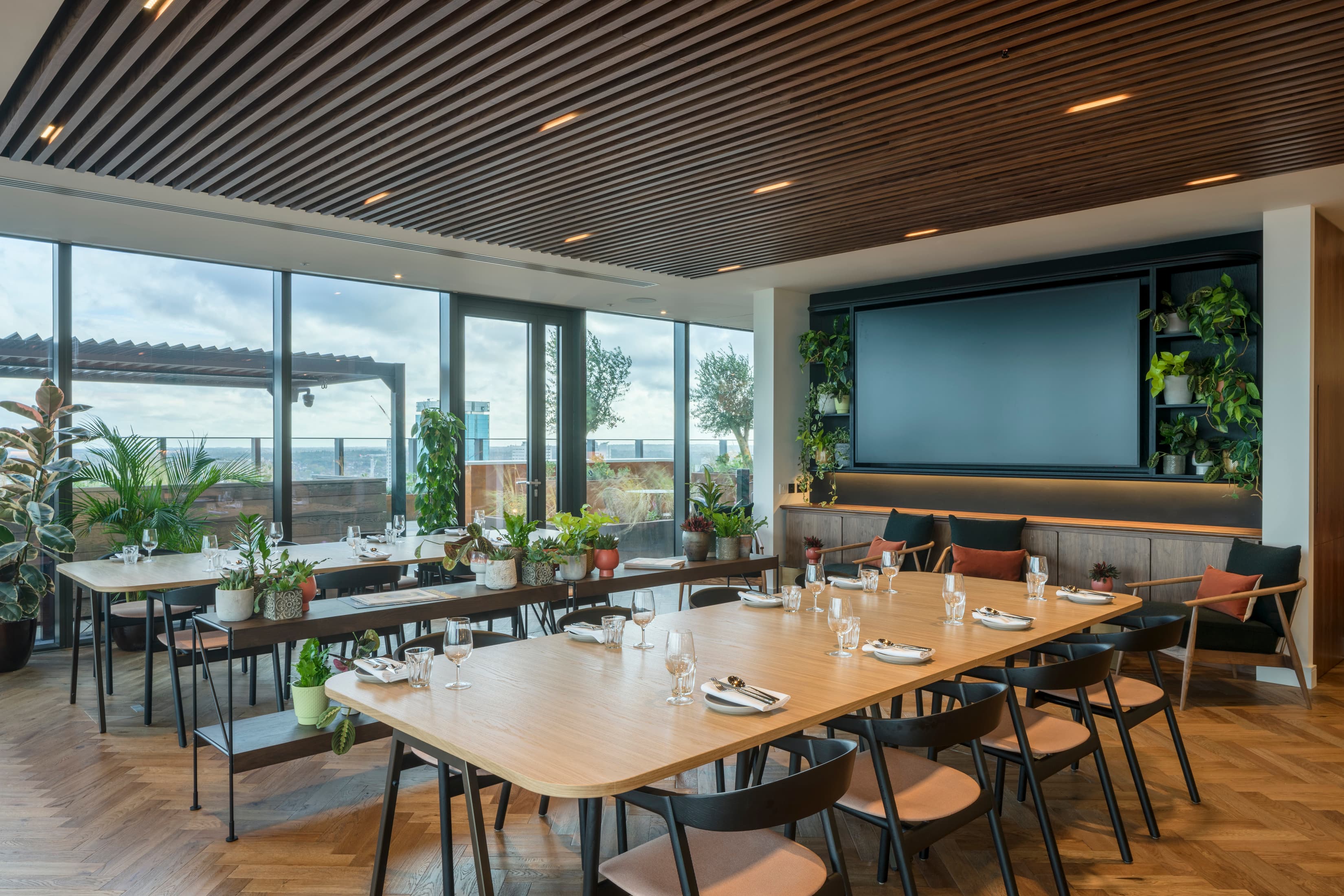 Roof Terrace boardroom with biophilic design for executive workshops and networking events.
