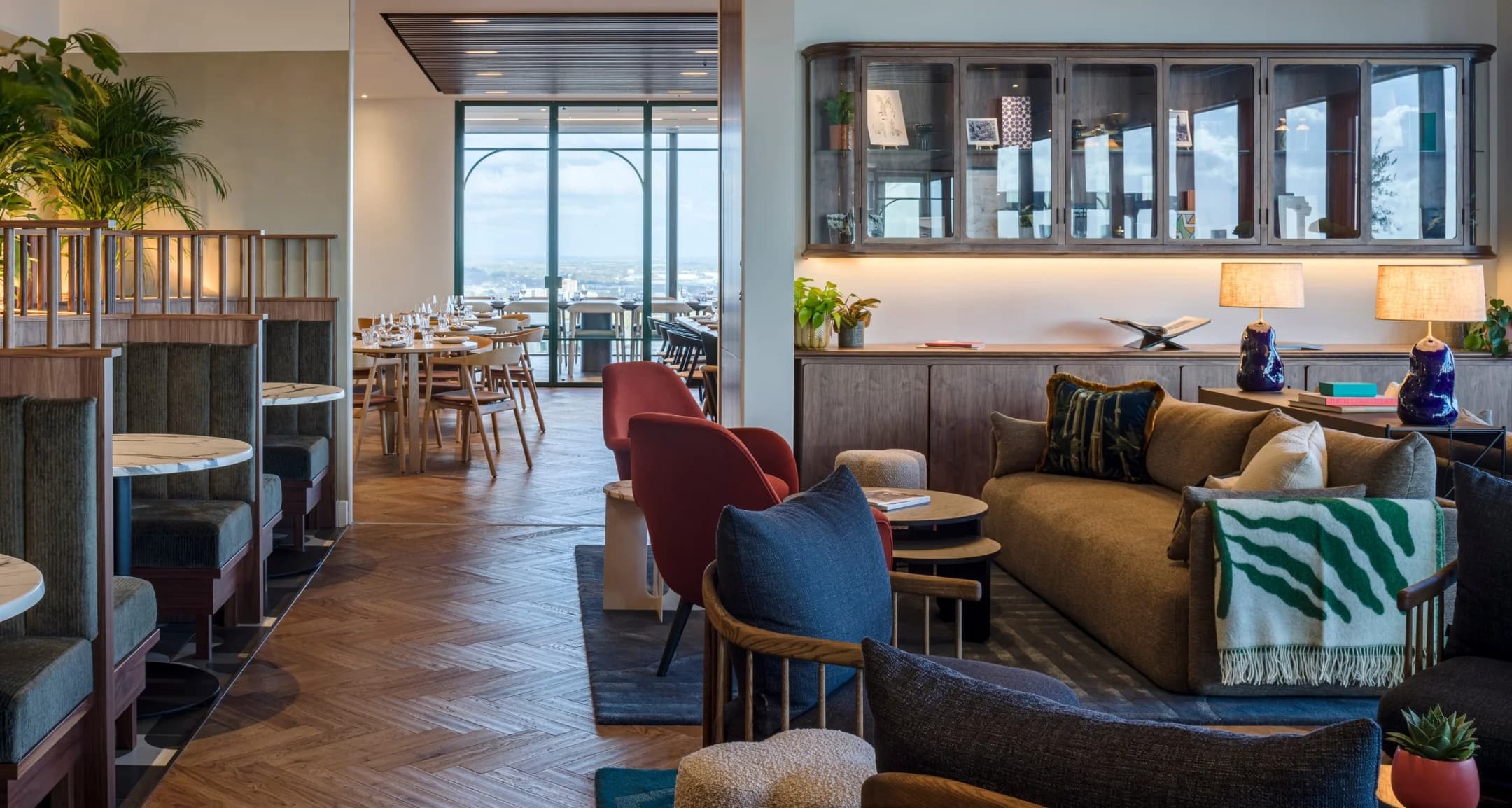 Luxury business lounge with panoramic views for VIP corporate events and networking.