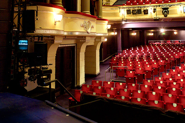 Birmingham Hippodrome theatre interior, elegant red and gold, ideal for events and presentations.