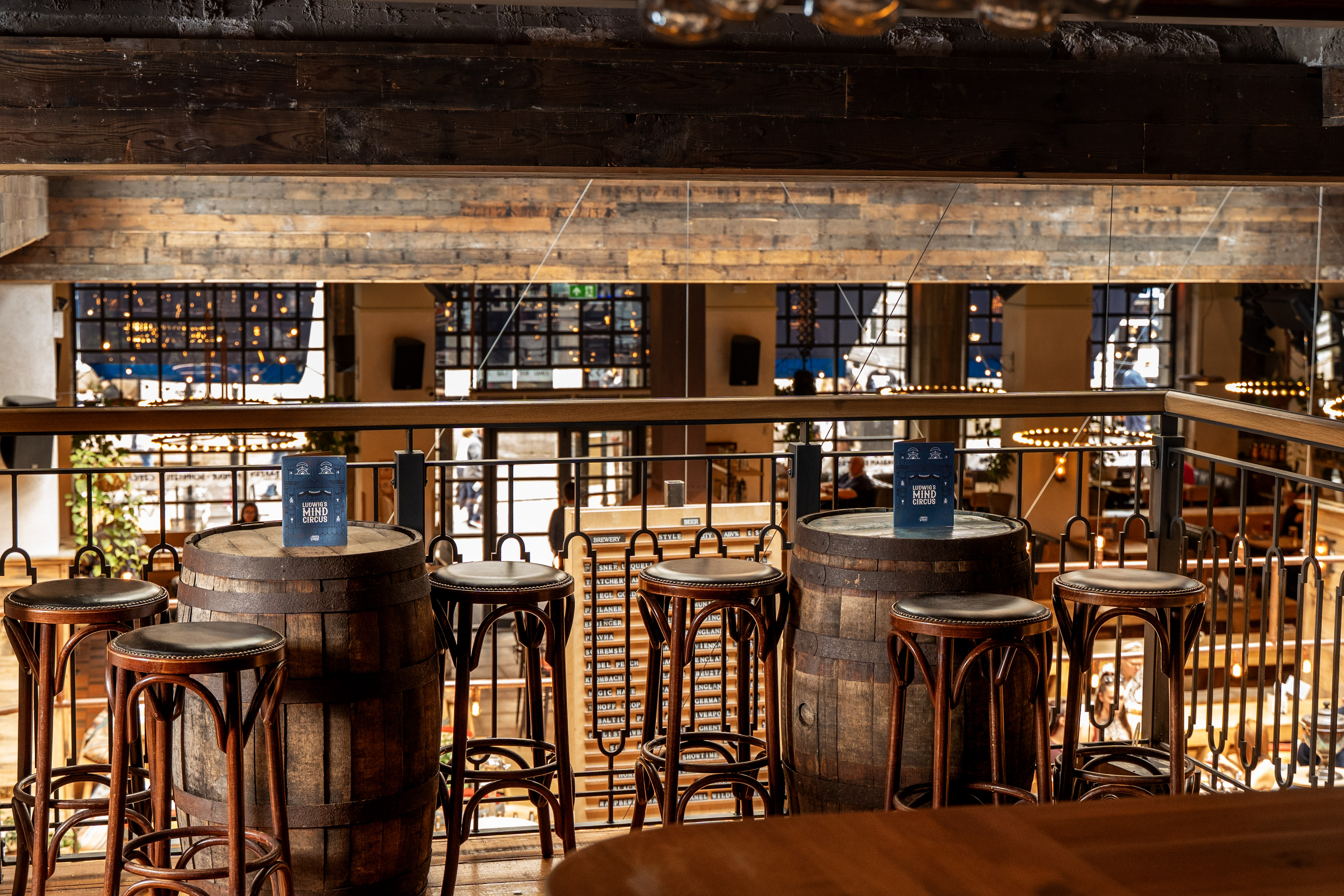 Ludwig’s Tavern mezzanine: industrial-chic space for networking and cocktail events.