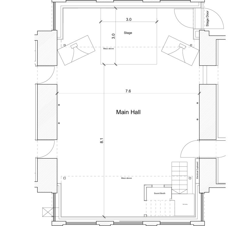Main Hall floor plan at CLUB CHEEK showing stage and exits for event planning and venue layout.