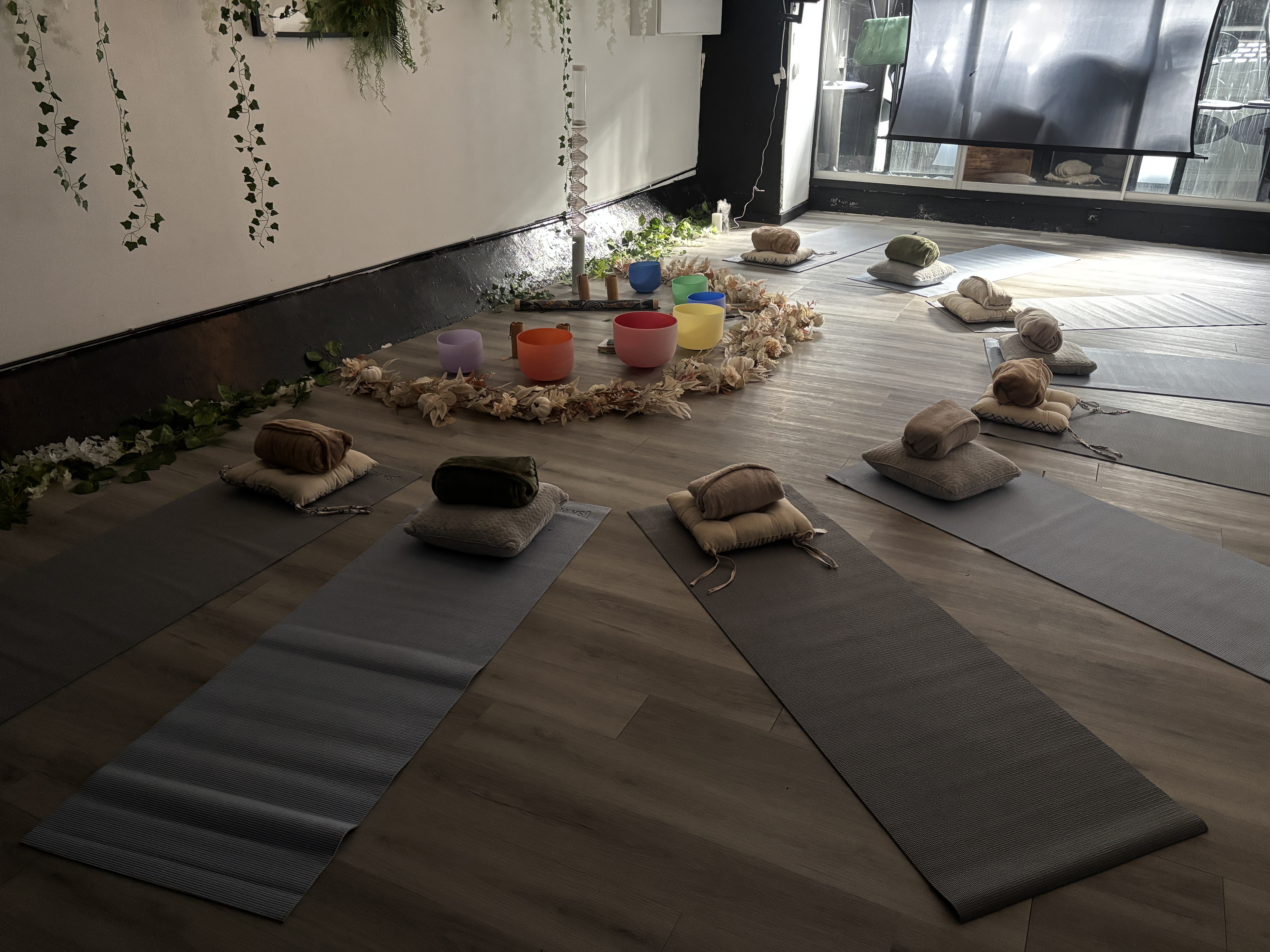 Private breakout space at No.22 Kitchen & Bar set for a corporate wellness sound bath session.