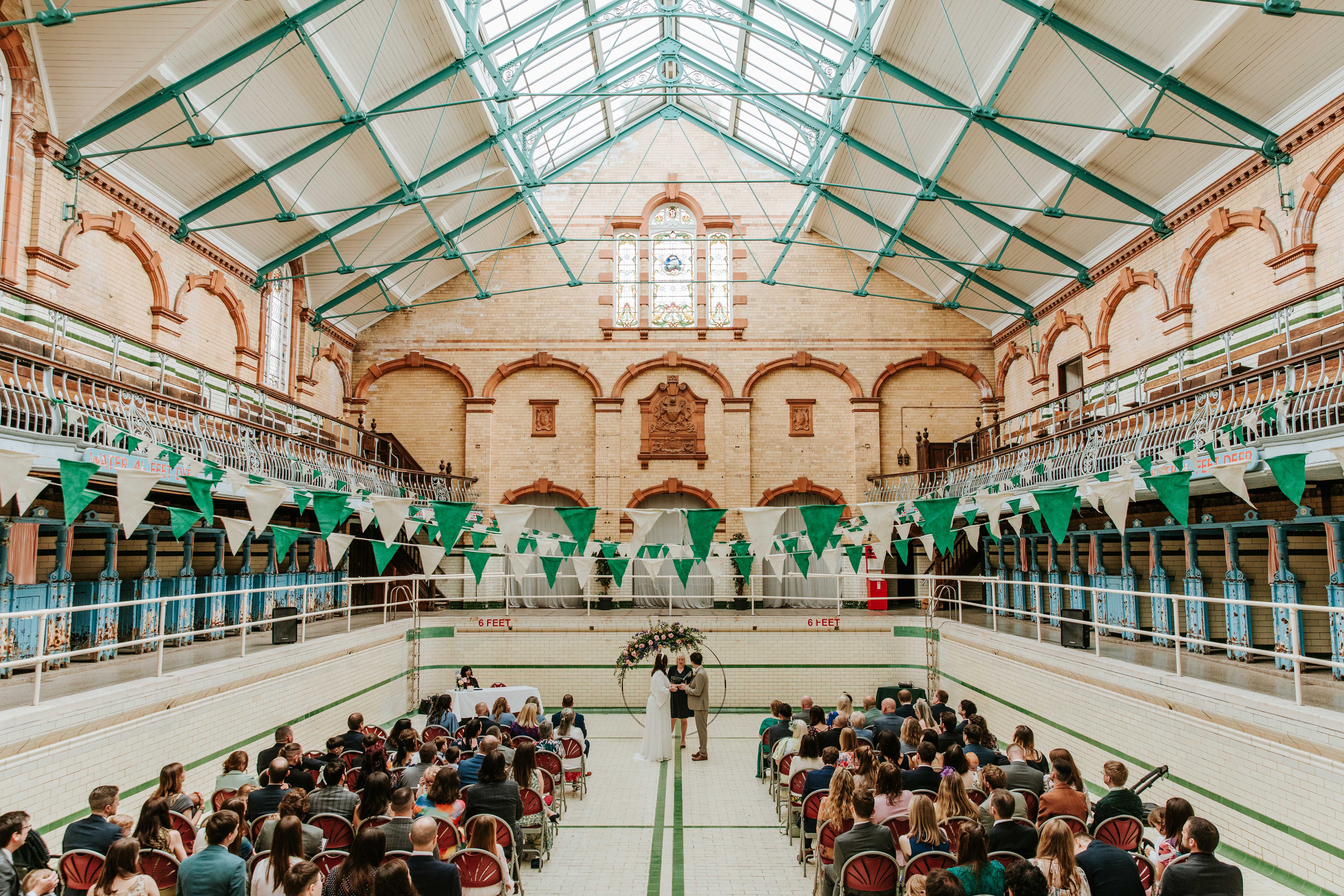 Victoria Baths Gala Pool vaulted ceiling for historic venue hire and unique event space.