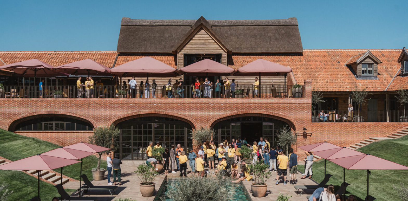 Blyth Barn outdoor venue: multi-level terrace and courtyard for corporate retreats and summer events.