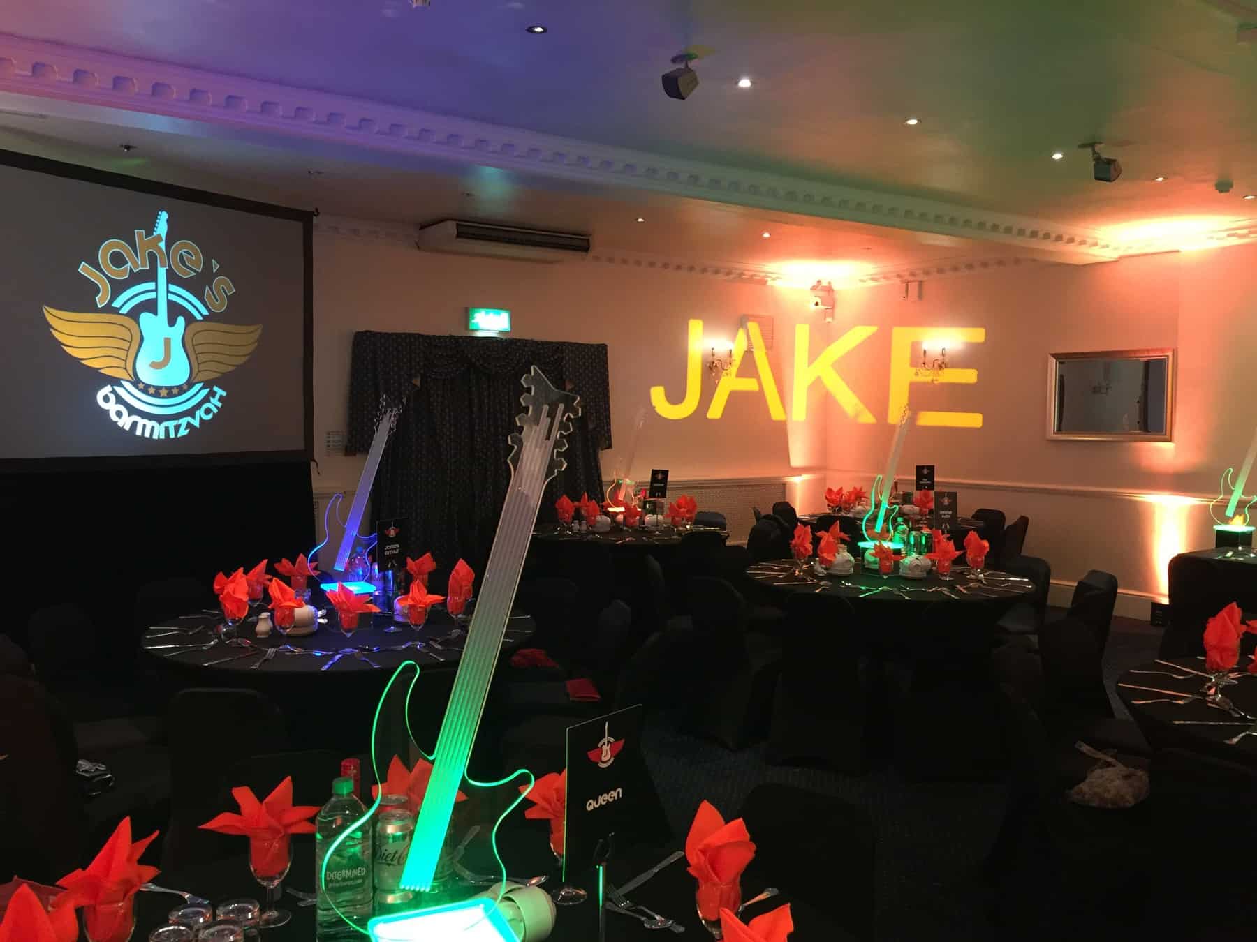 Vibrant Penridge Suite event space with guitar-themed décor for special celebrations.