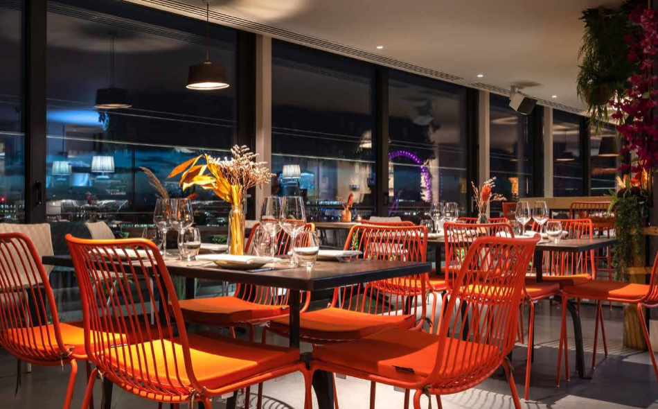 Miradora Rooftop venue with modern decor for evening receptions and private dinner events.