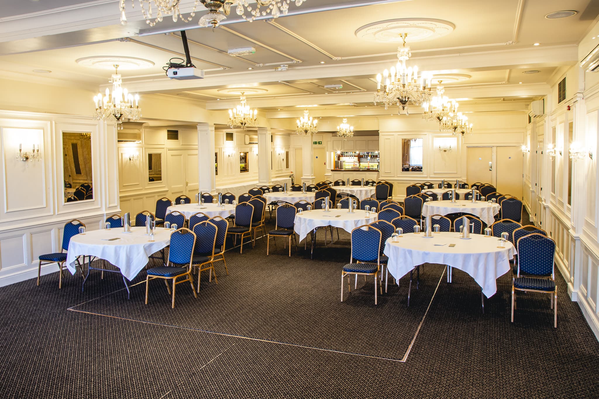 Crystal Ballroom at The County Hotel set for a formal wedding reception or corporate event.